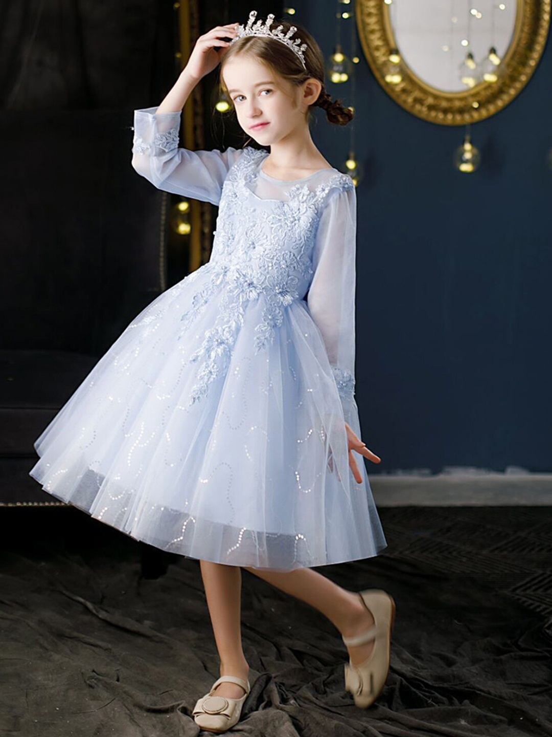 

INCLUD Girls Embroidered Full Sleeves Party Dress, Blue