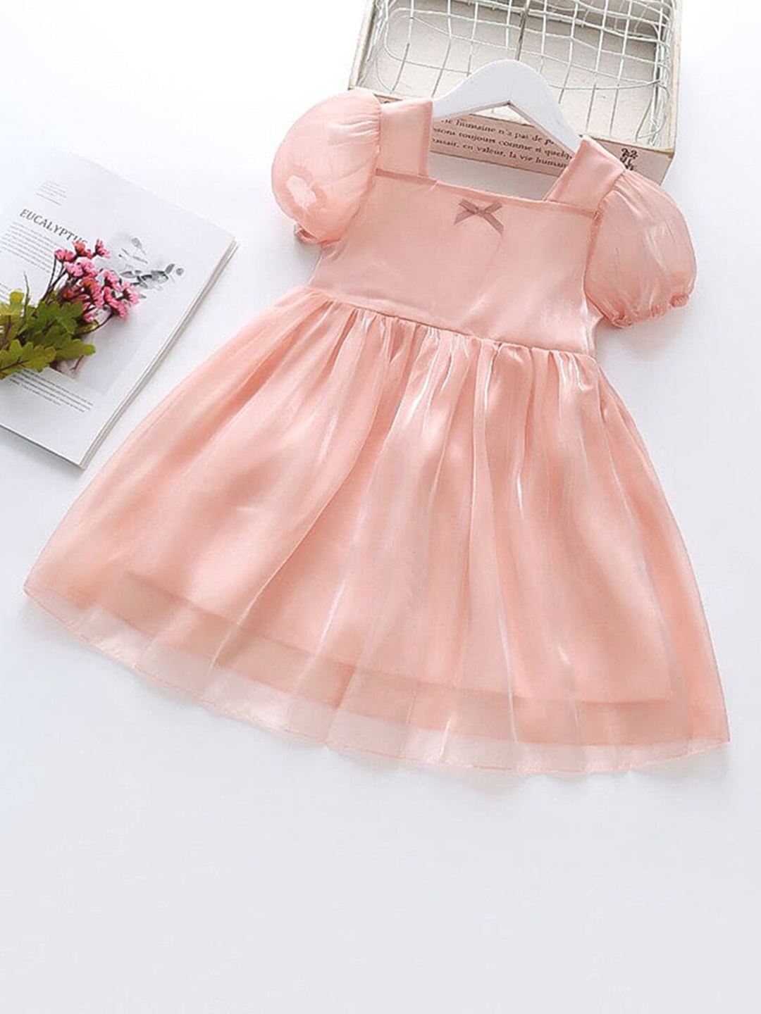 

INCLUD Puff Sleeves Fit & Flare Dress, Peach