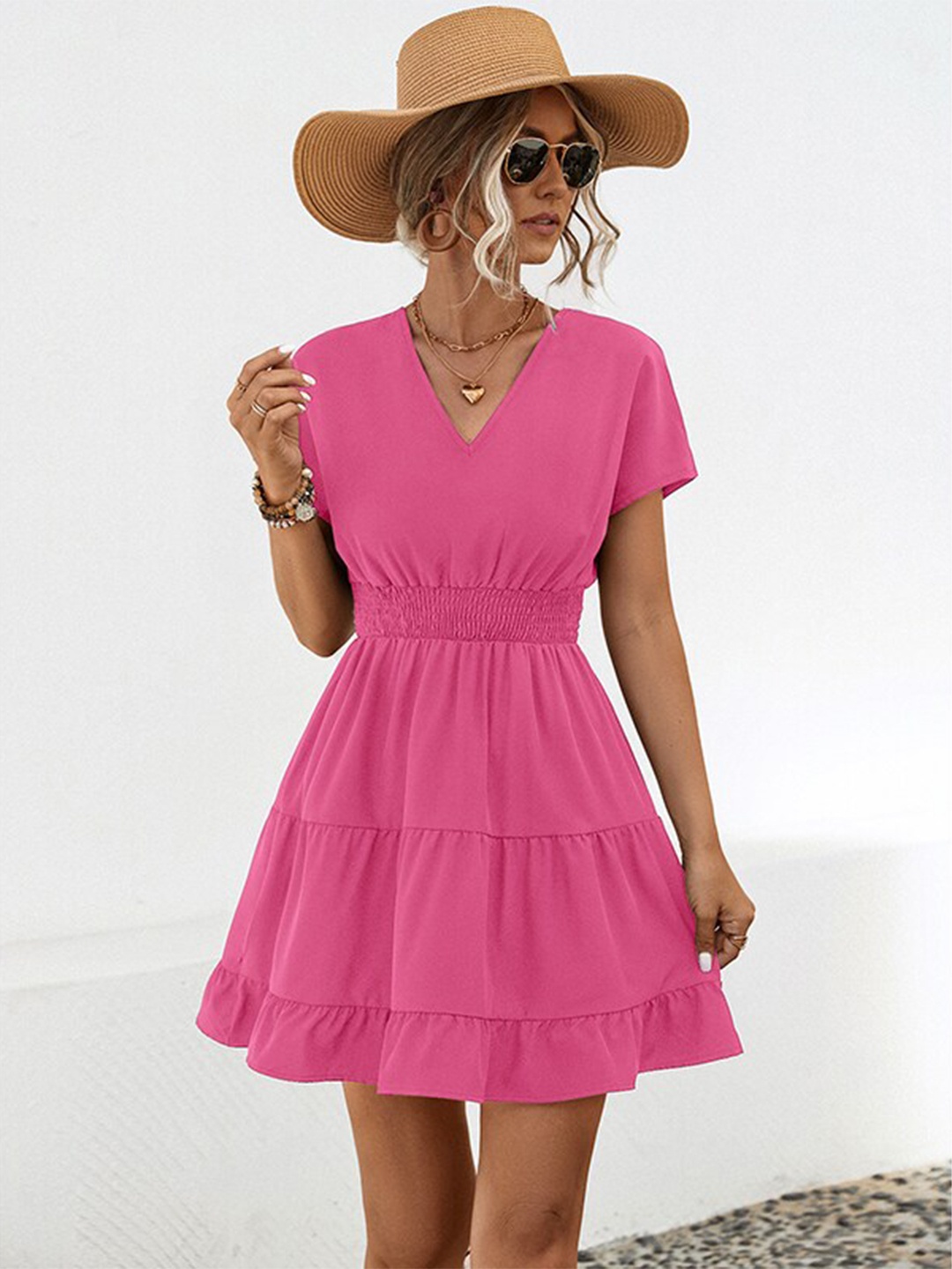 

StyleCast x Revolte Pink V-Neck Tiered & Smocked Detail Fit & Flare Mini Dress