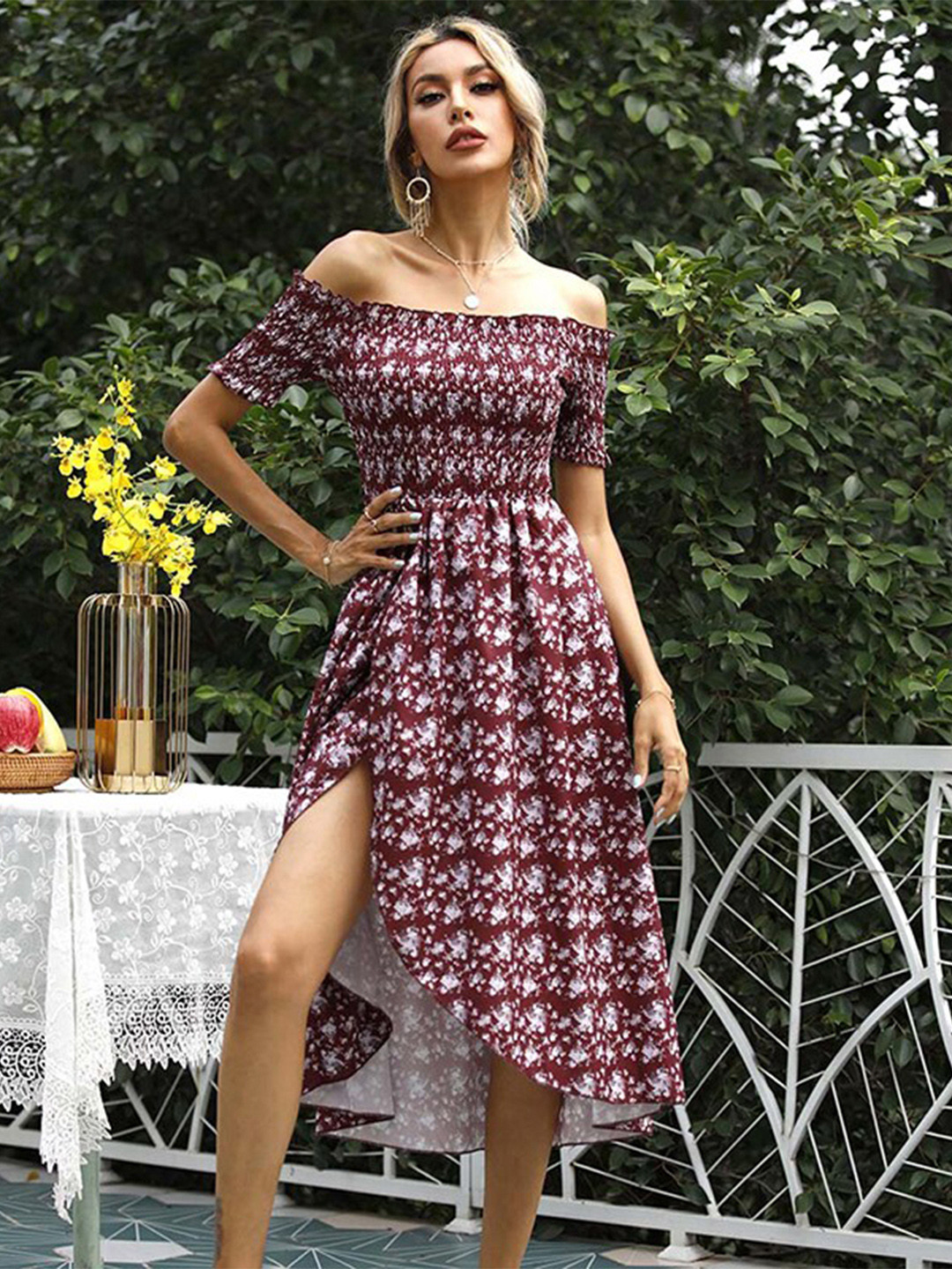 

StyleCast x Revolte Abstract Printed Off-Shoulder Fit & Flare Midi Dress, Maroon