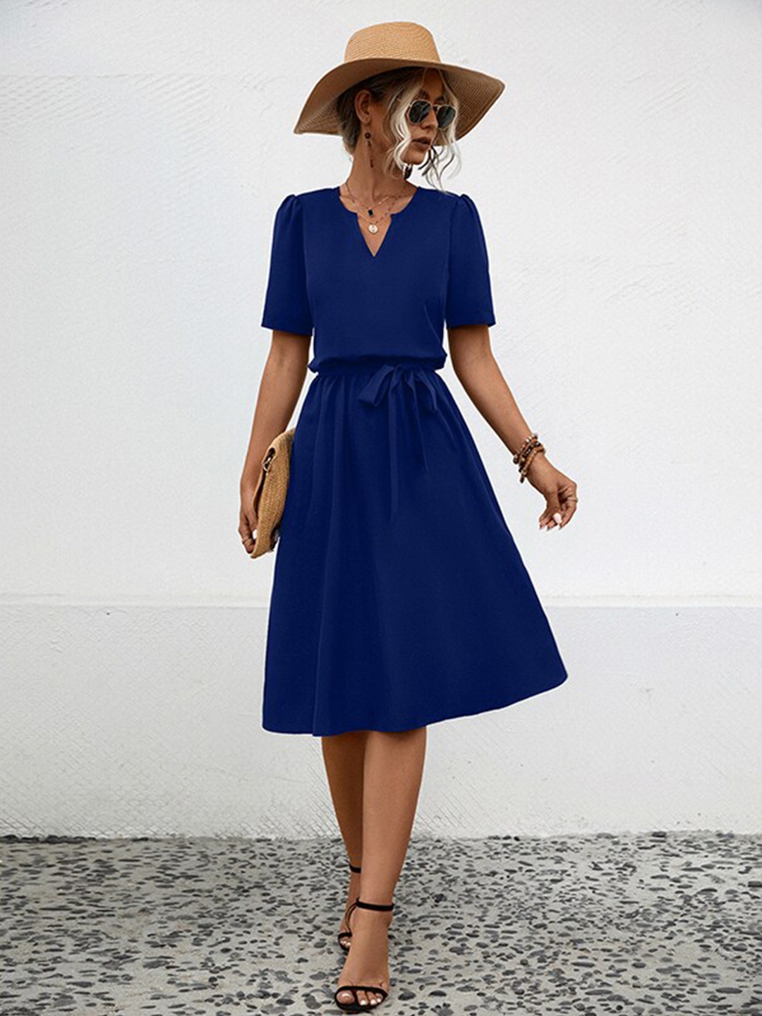 

StyleCast x Revolte Puff Sleeves Fit & Flare Midi Dress, Navy blue