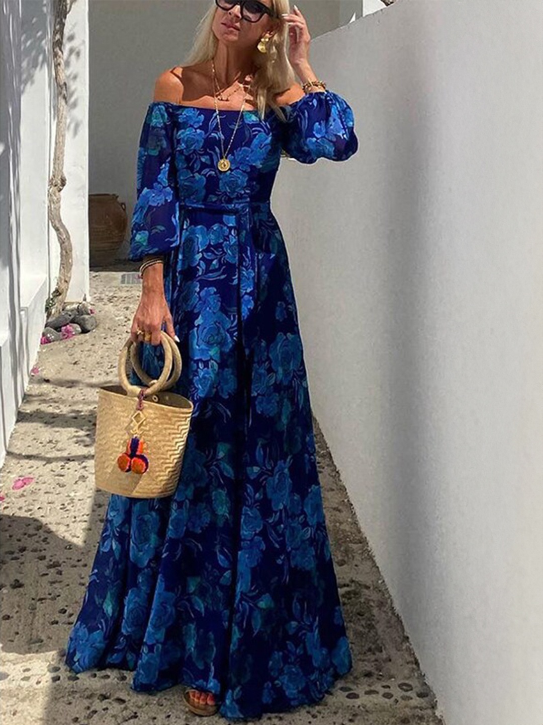 

StyleCast x Revolte Floral Print Off-Shoulder Cuffed Sleeves Maxi Dress, Blue