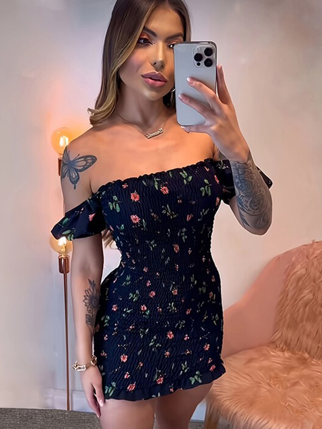 

StyleCast x Revolte Floral Printed Off-Shoulder A-Line Mini Dress, Black