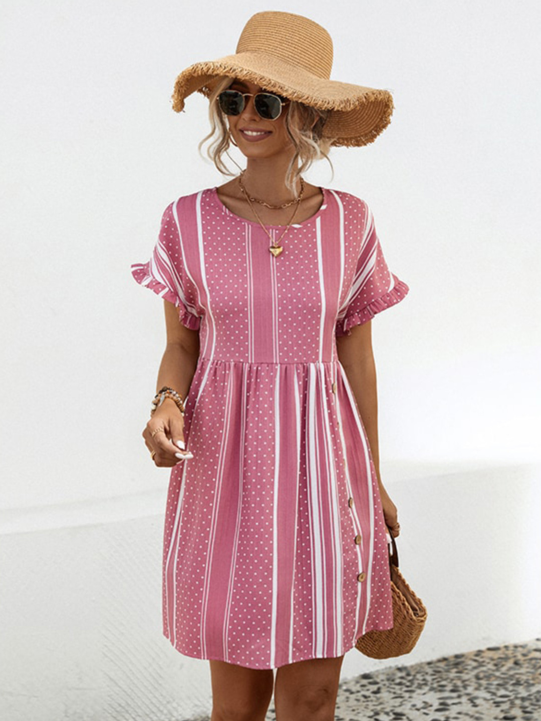 

StyleCast x Revolte Pink Round Neck Print Fit & Flare Dress