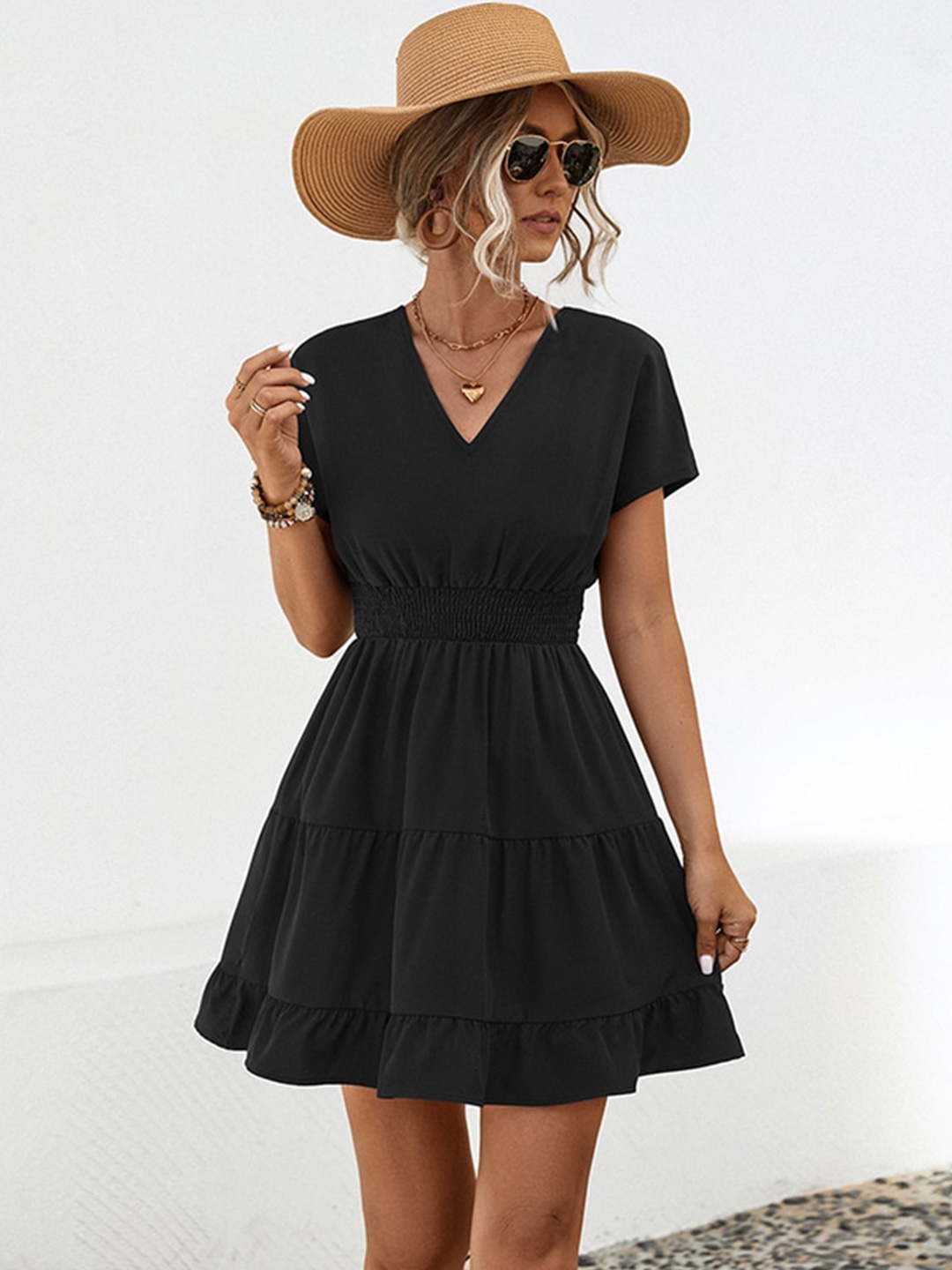 

StyleCast x Revolte Black V-Neck Fit & Flare Smocked Mini Dress