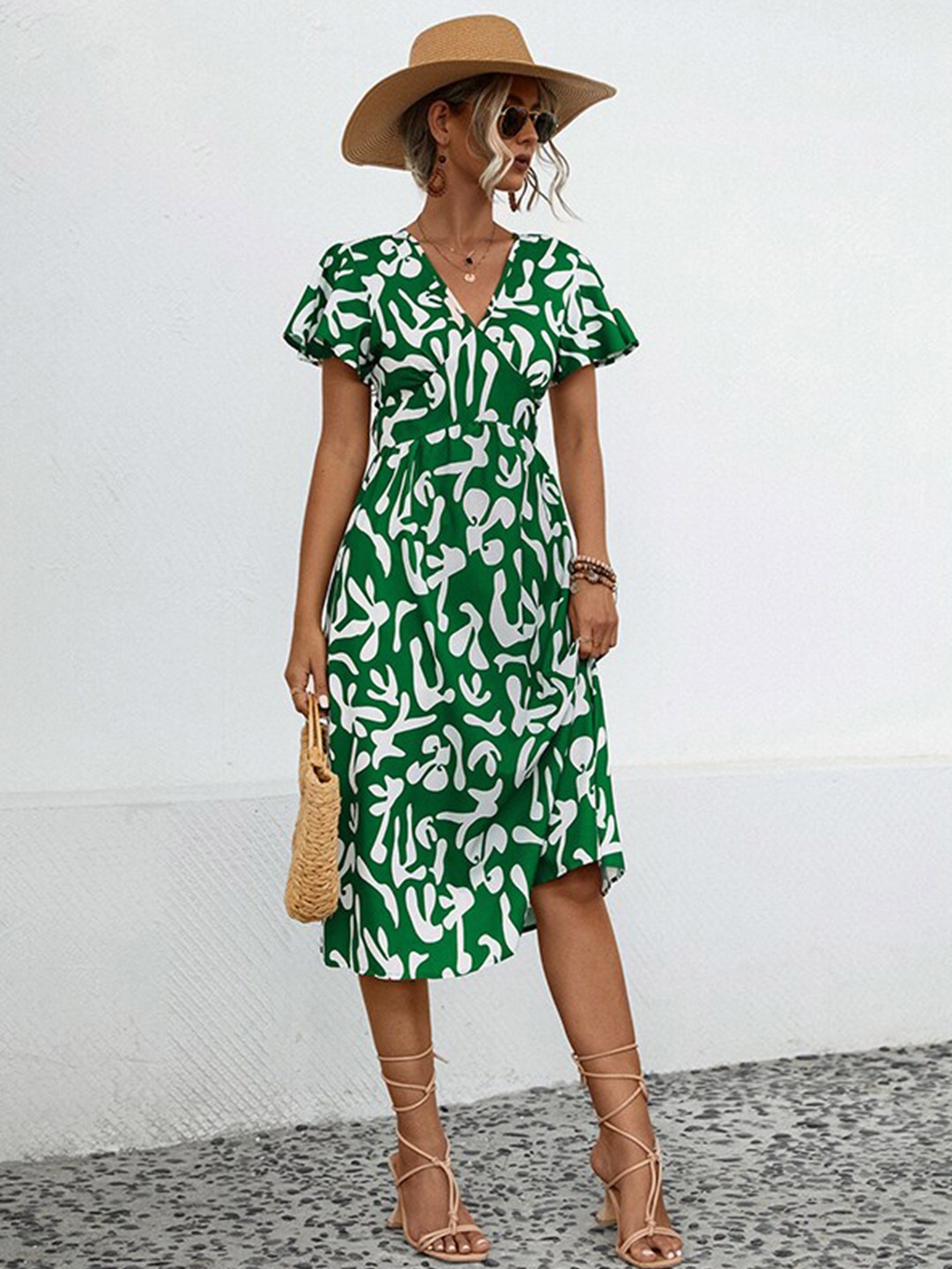 

StyleCast x Revolte V Neck Animal Print Flutter Sleeve Wrap Midi Dress, Green