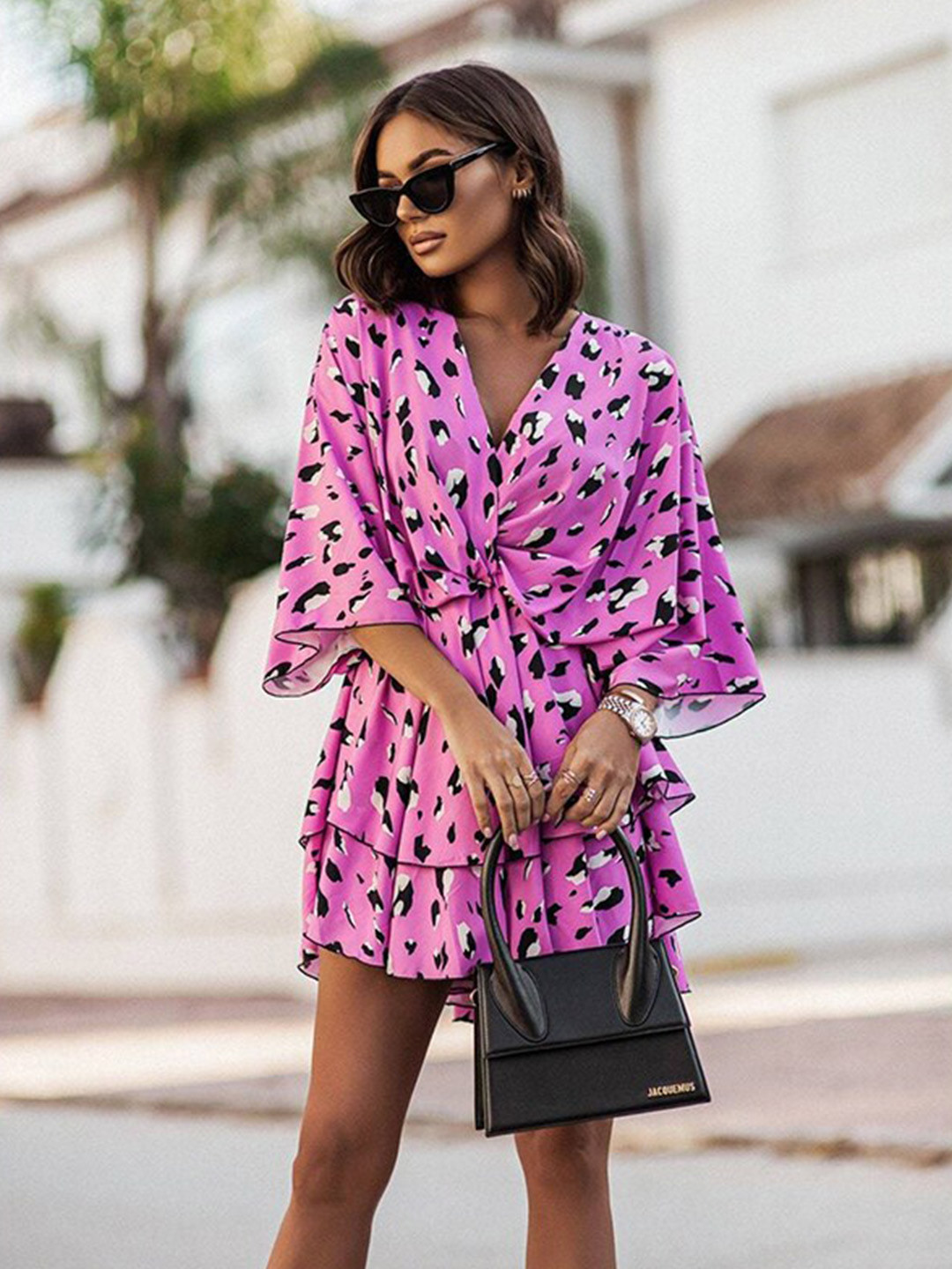 

StyleCast x Revolte V Neck Abstract Print Flared Sleeve Layered Wrap Dress, Pink