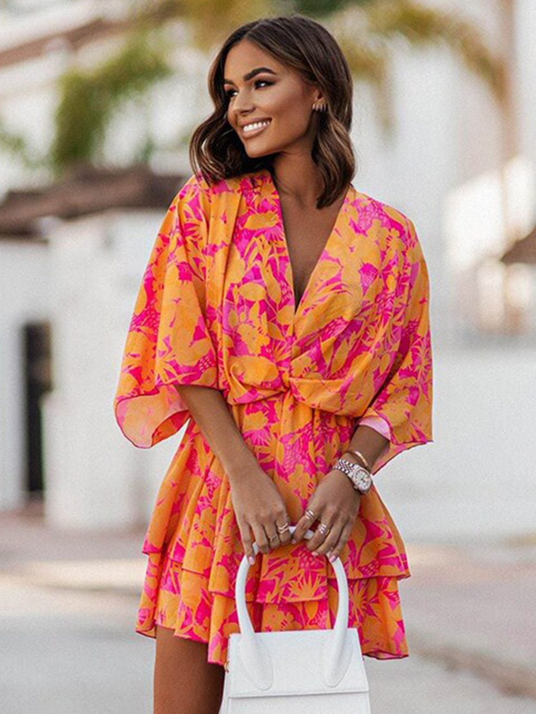 

StyleCast x Revolte Floral Printed Flared Sleeve Layered Fit & Flare Dress, Orange