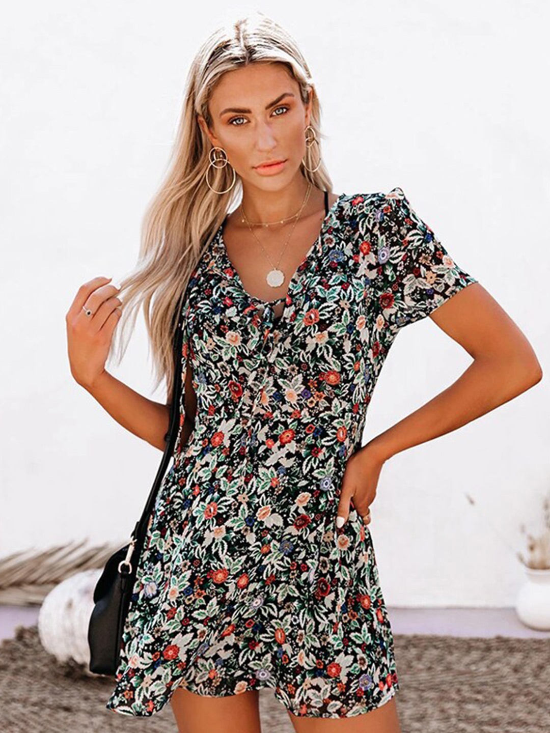 

StyleCast x Revolte Floral Printed Tie-Up Neck A-Line Mini Dress, Black