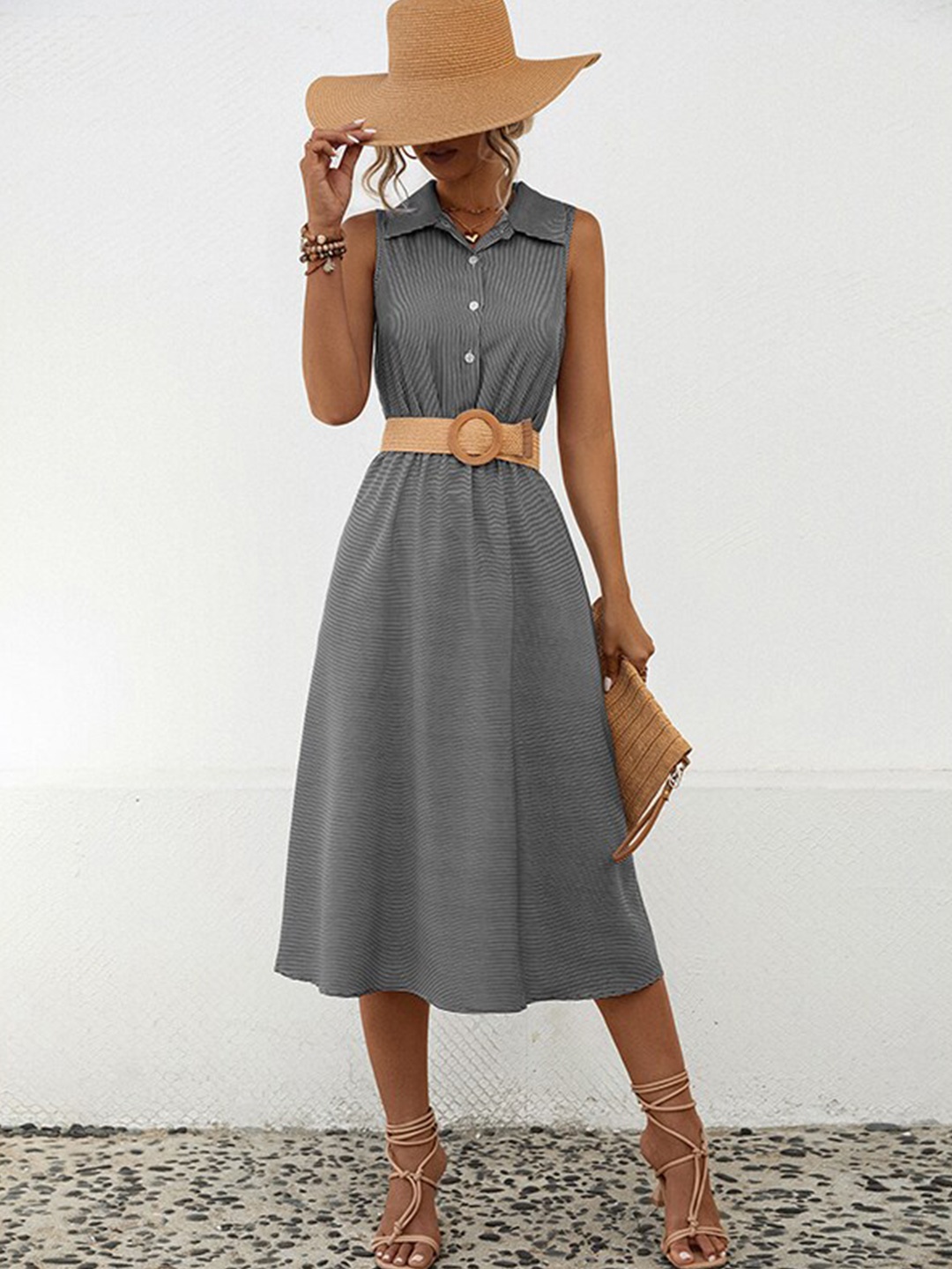 

StyleCast x Revolte Shirt Collar Sleeveless A-Line Midi Dress, Black