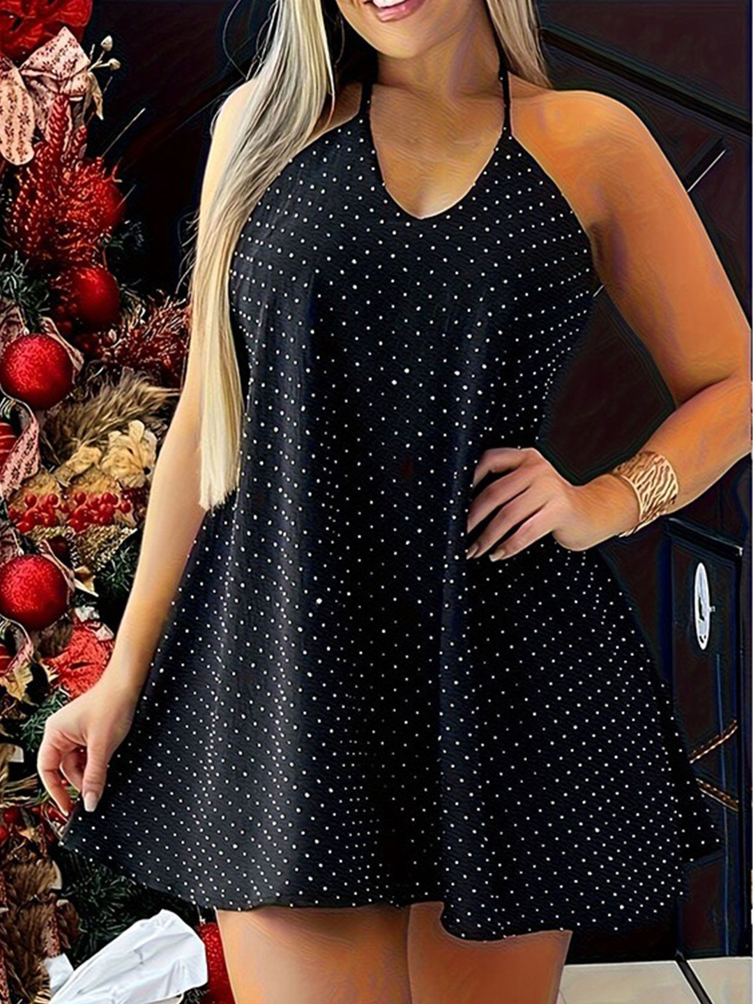 

StyleCast x Revolte Polka Dot Print Halter Neck A-Line Mini Dress, Black