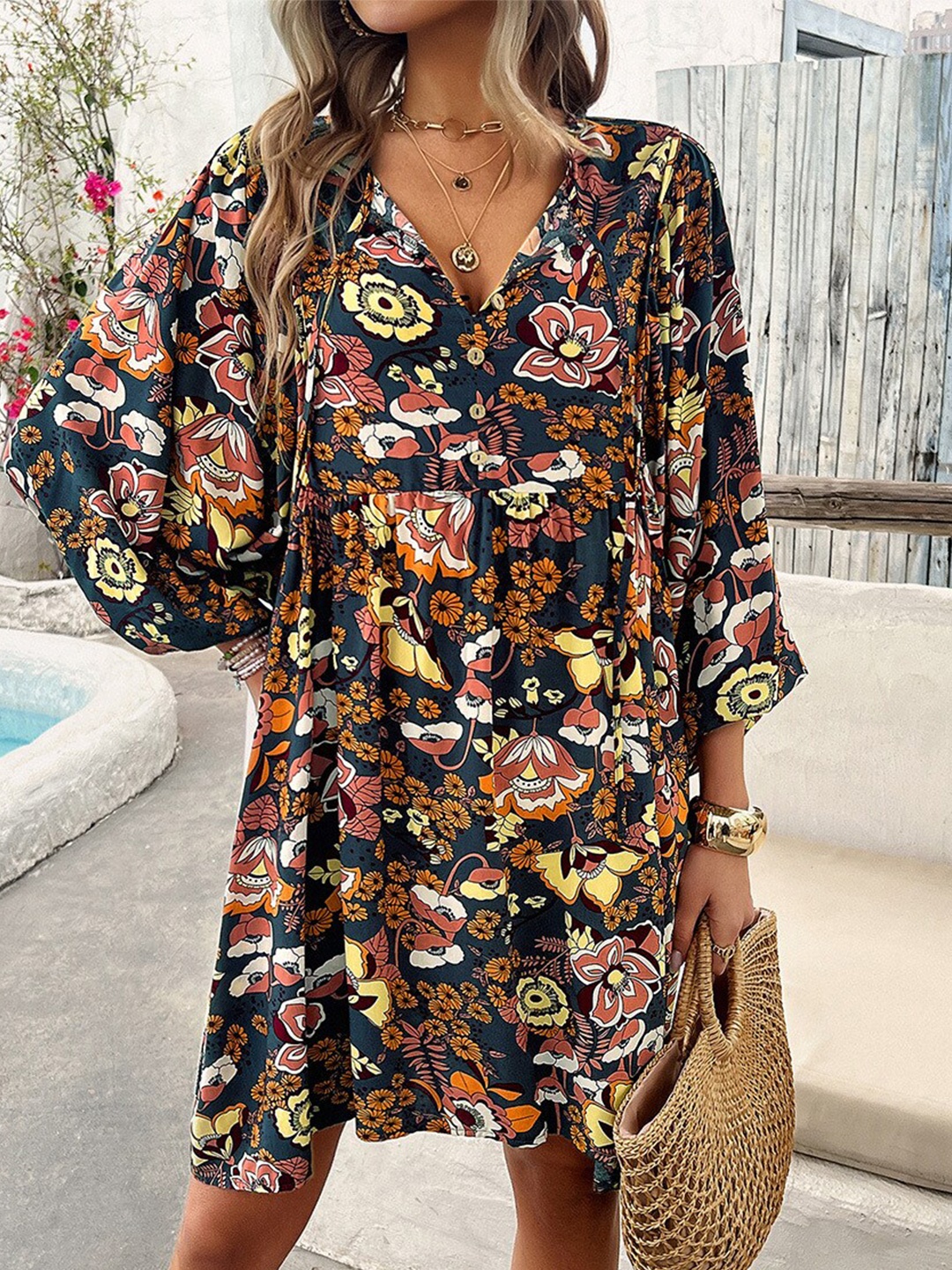 

StyleCast x Revolte Floral Printed Puff Sleeve A-Line Dress, Teal