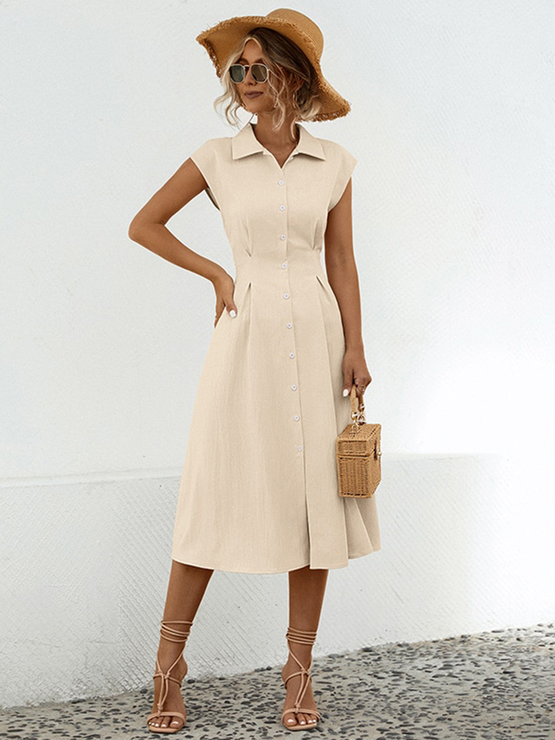 

StyleCast x Revolte Shirt Collar Cap Sleeves Pleated Shirt Midi Dress, Beige