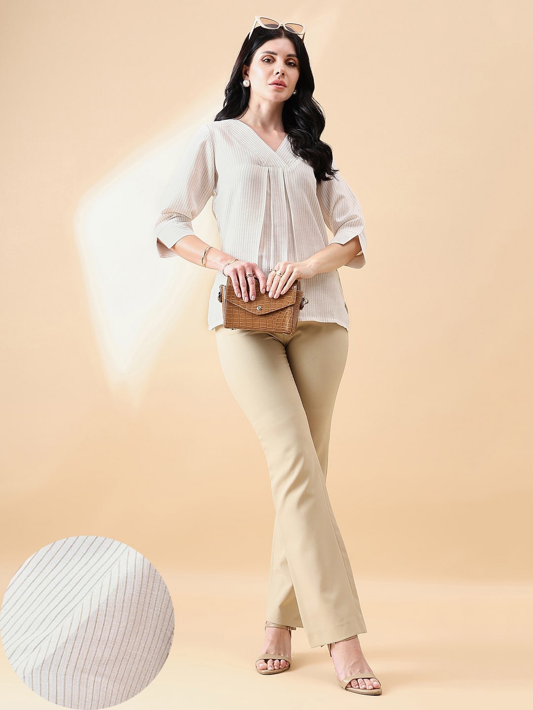 

PowerSutra Striped V-Neck Regular Linen Top, Beige