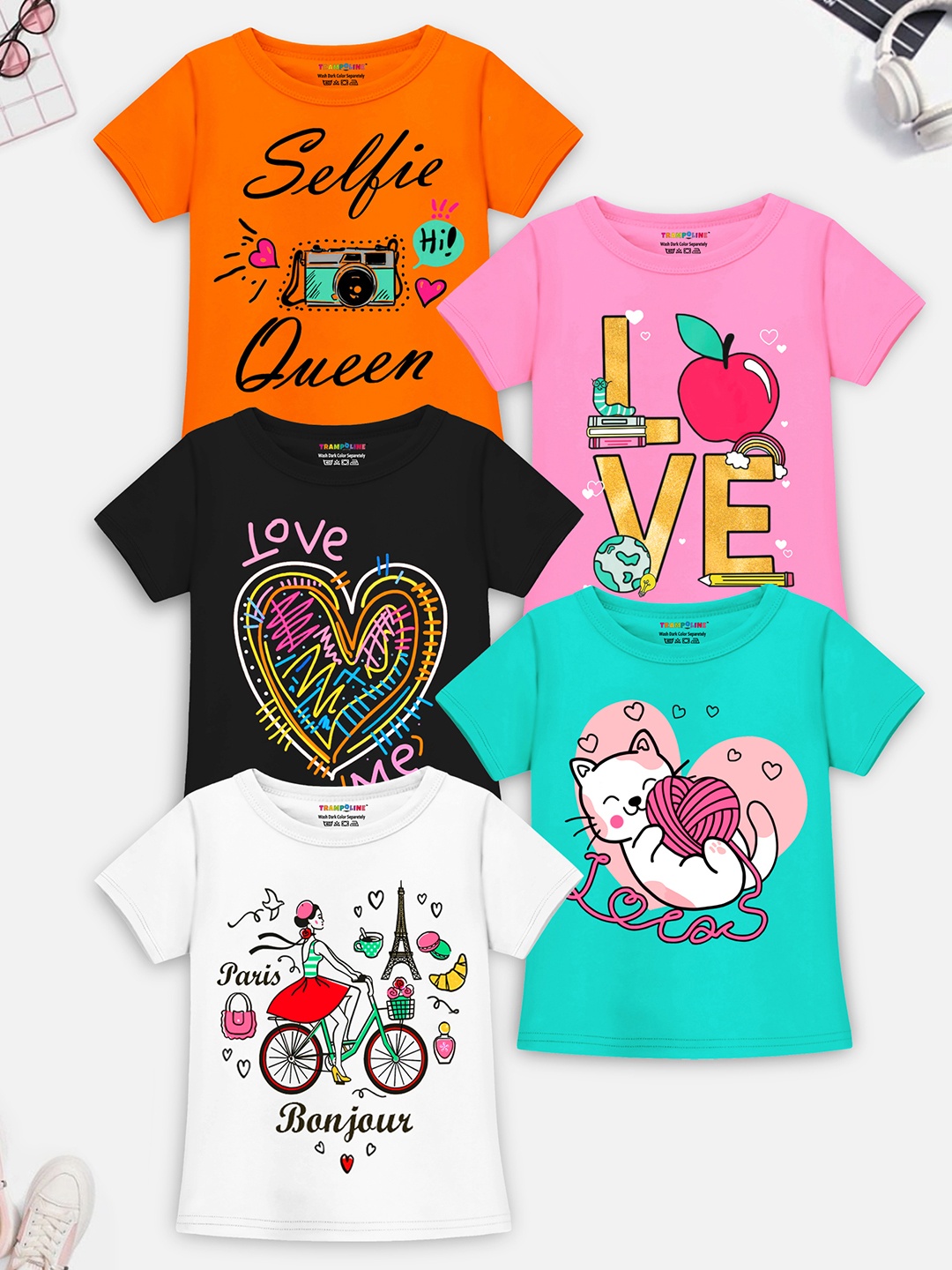 

Trampoline Girls Pack of 5 Graphic Printed T-shirts, Orange