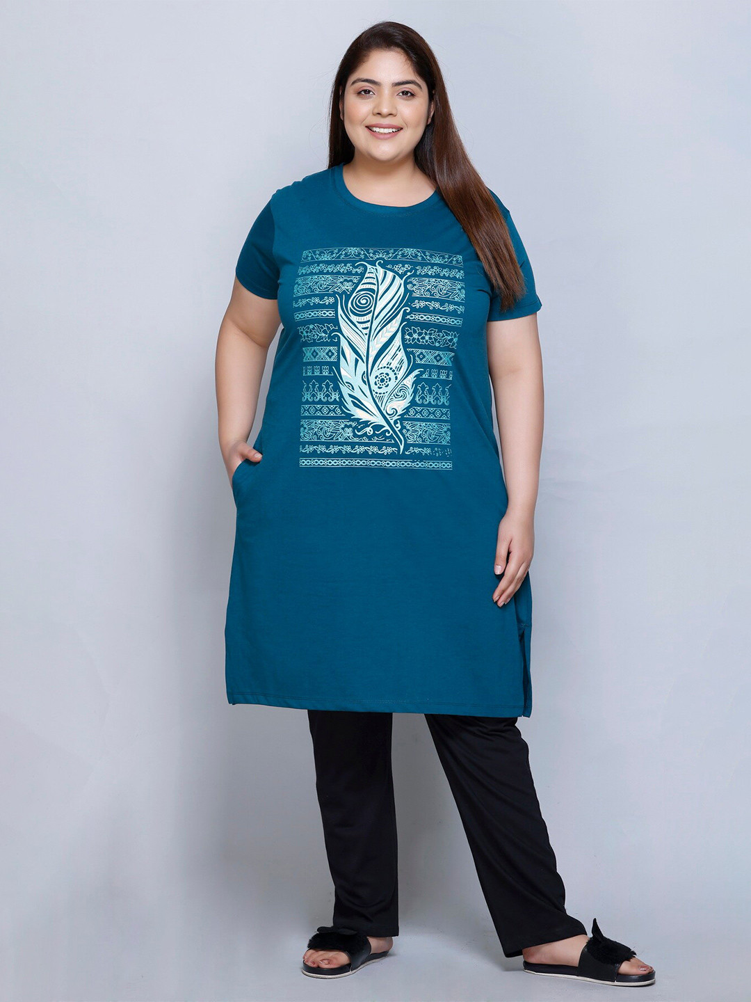 

IN Love Plus Size Floral Printed Pure Cotton T-shirt Nightdress, Blue