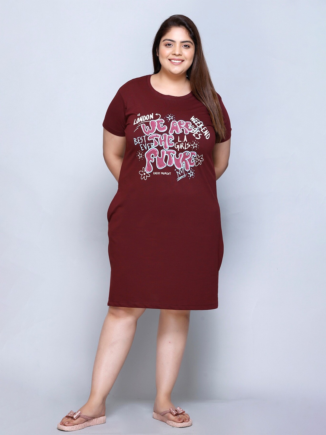 

IN Love Plus Size Typography Printed Pure Cotton T-shirt Nightdress, Burgundy