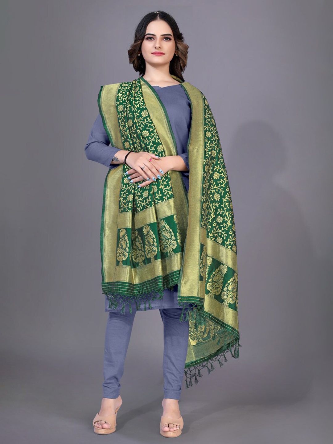 

Rujave Woven Design Art Silk Dupatta with Zari, Green