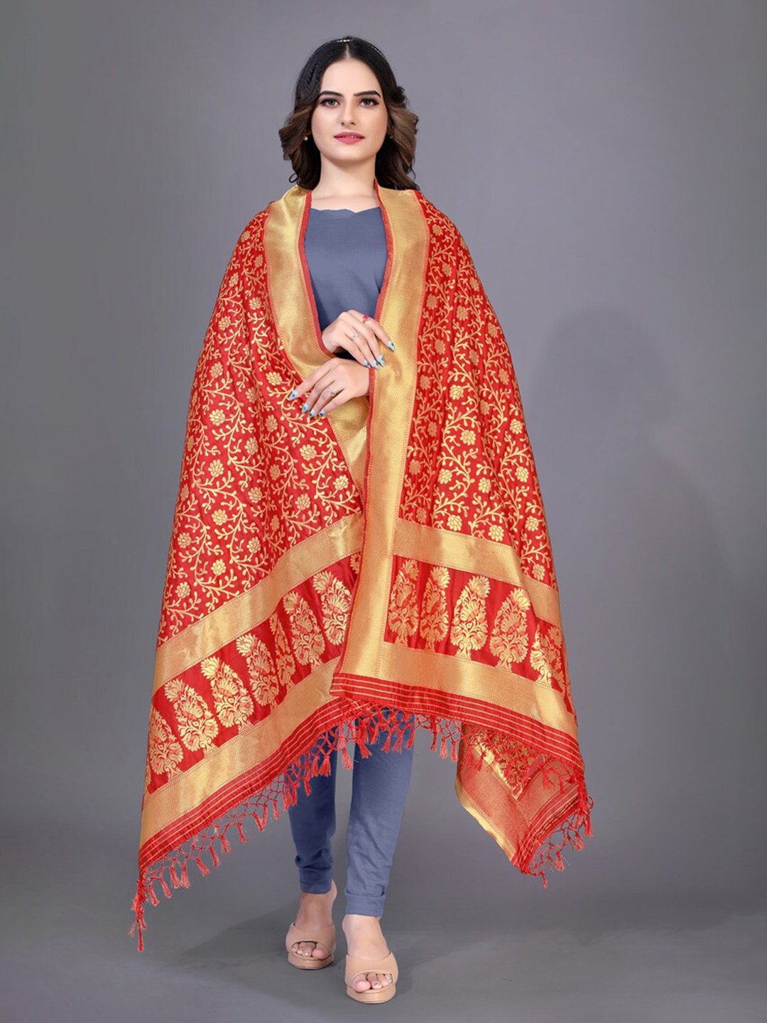 

Rujave Woven Design Dupatta with Zari, Red