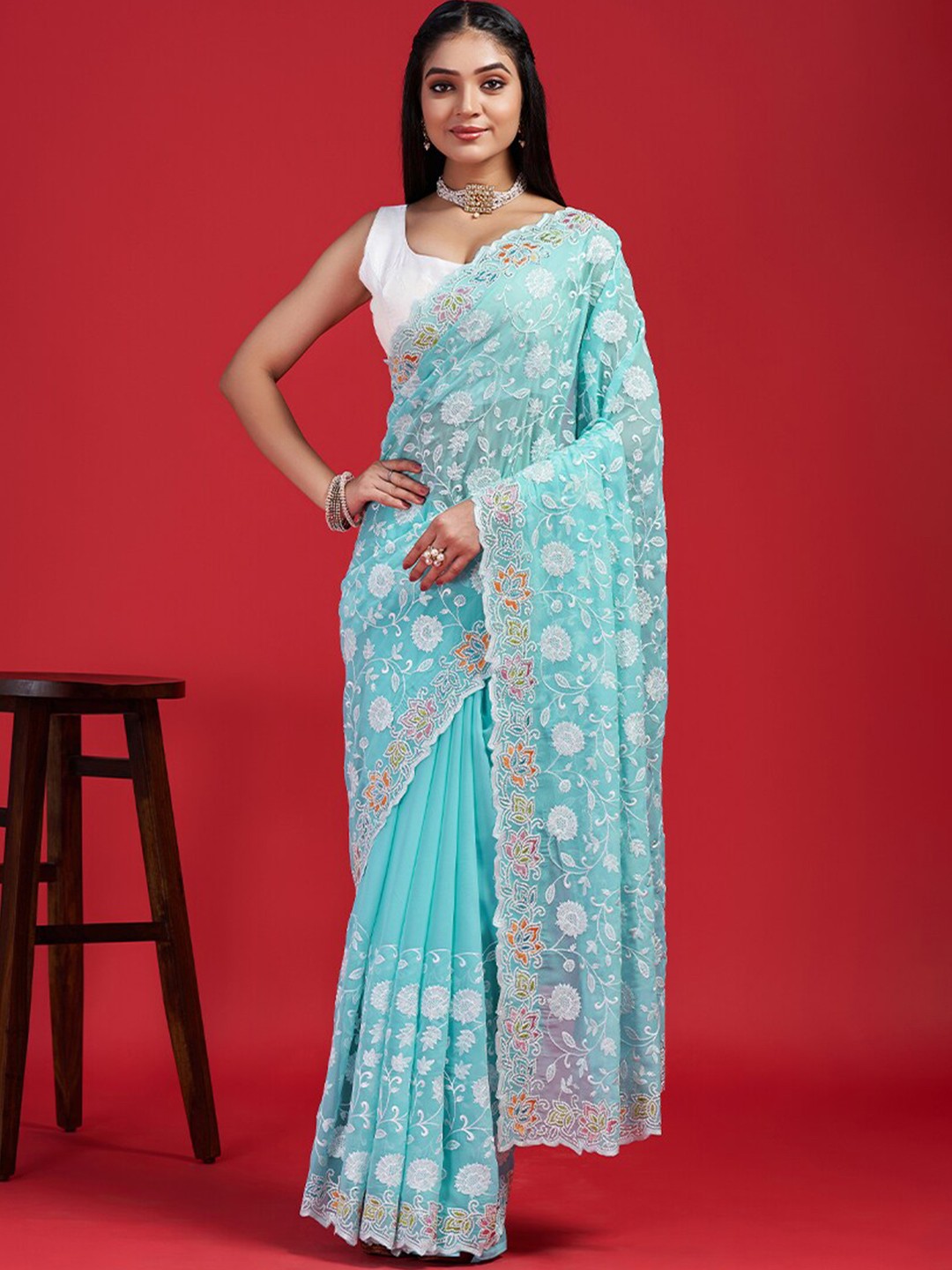 

Ironic Creation Floral Embroidered Heavy Work Saree, Blue