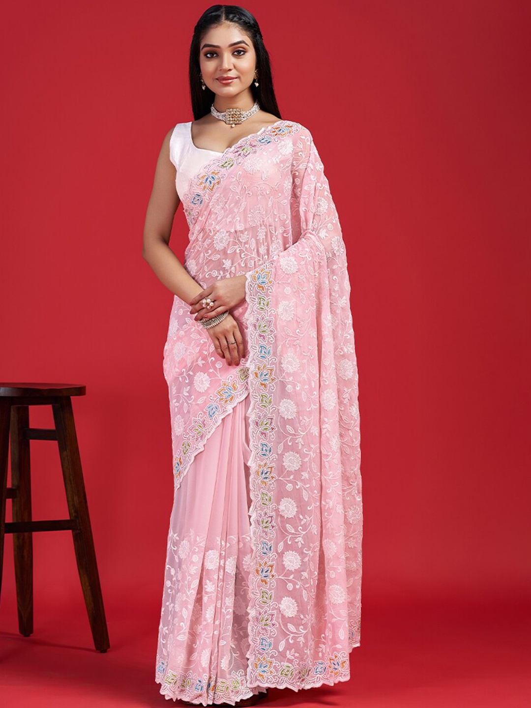 

Ironic Creation Floral Embroidered Heavy Work Saree, Pink