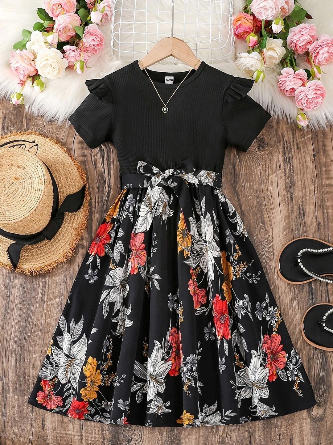 

BAESD Girls Floral Print Fit & Flare Dress, Black