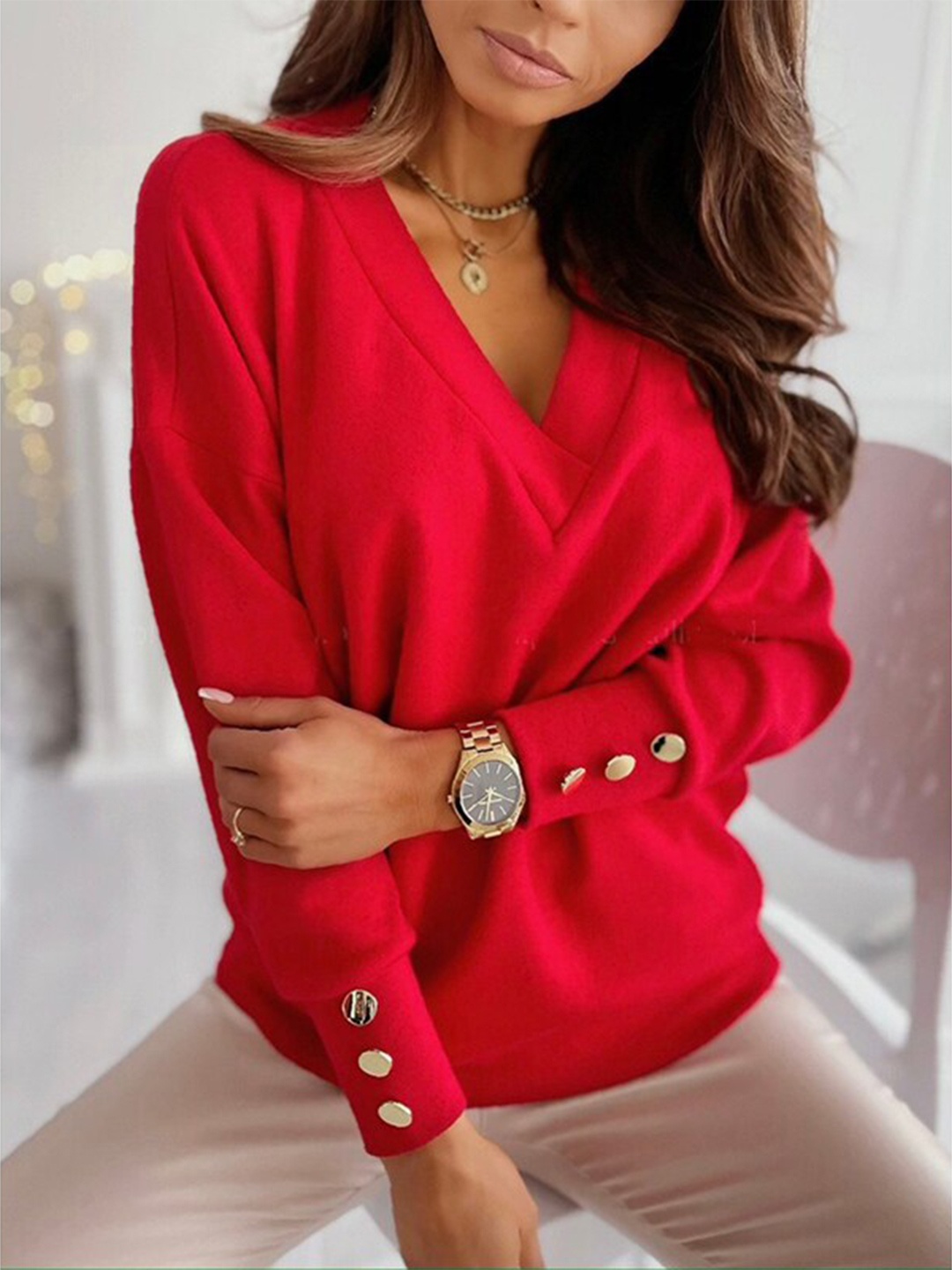 

StyleCast x Revolte Red Long Sleeves V-Neck Top