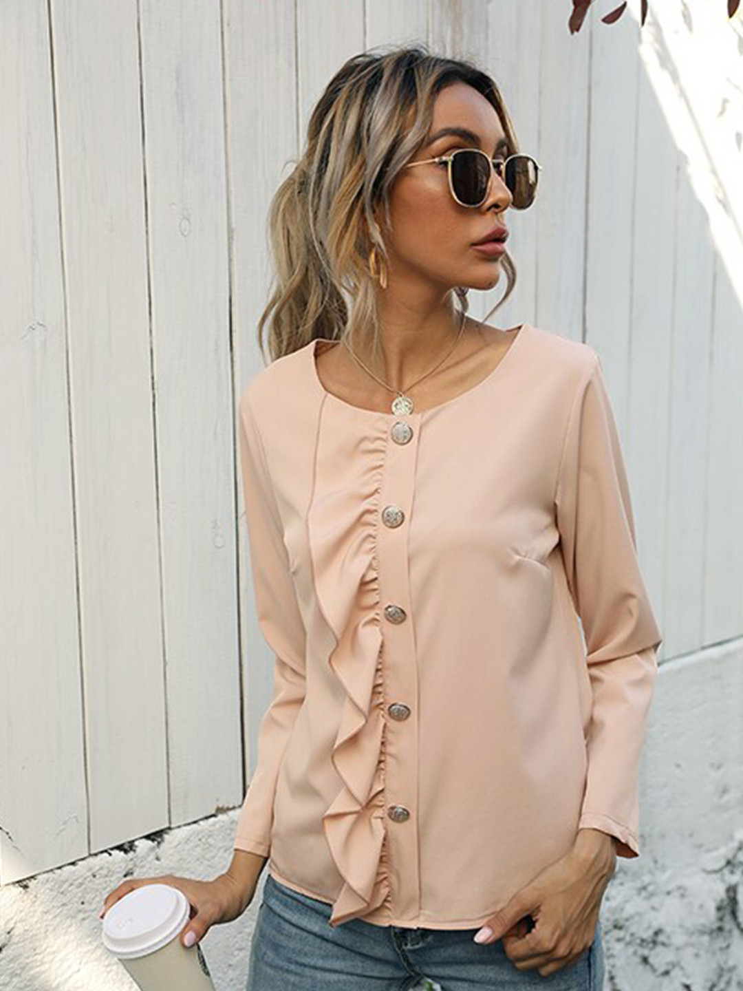 

StyleCast x Revolte Ruffled Long Sleeves Top, Beige