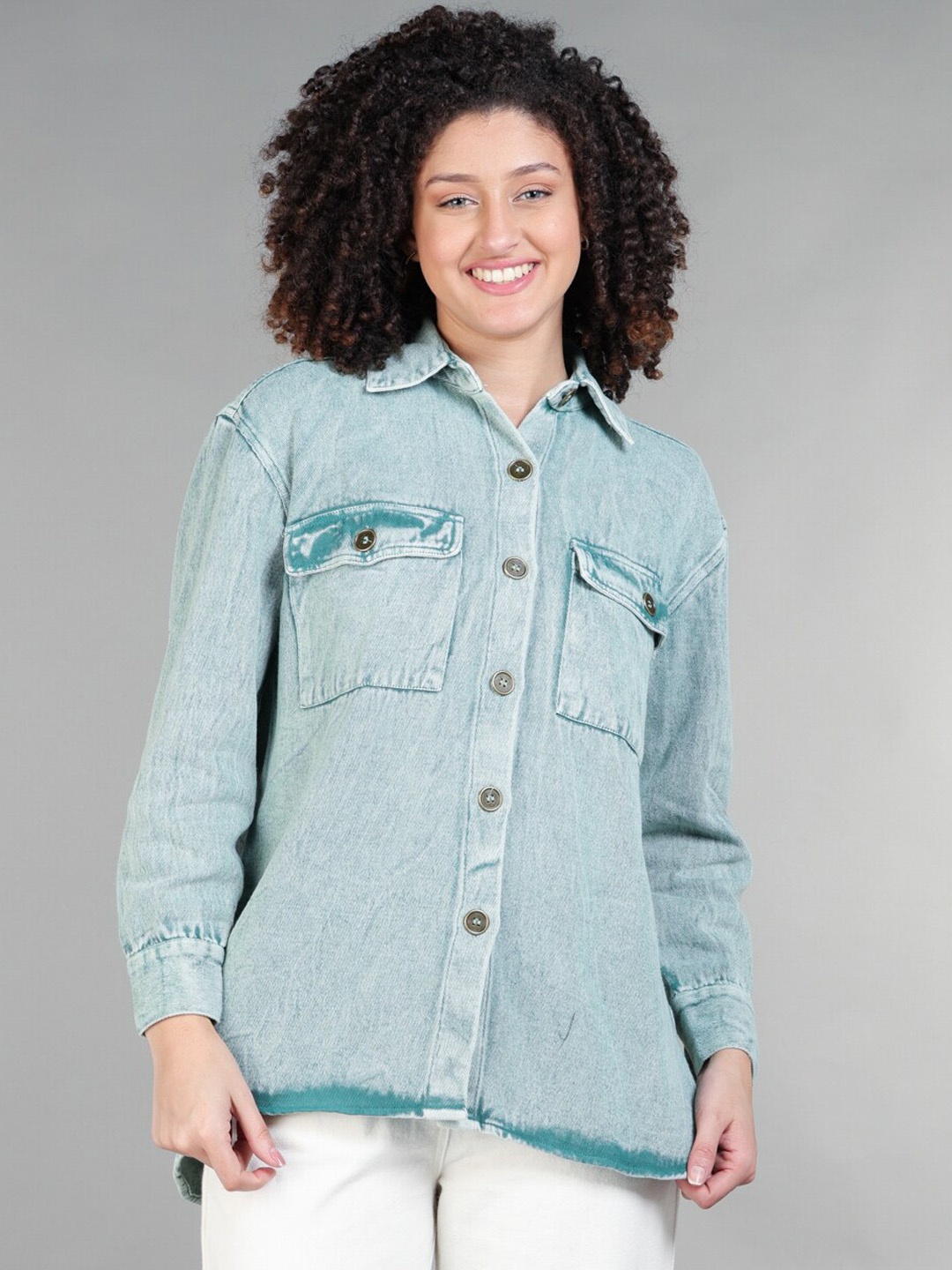 

The Roadster Lifestyle Co. Sea Green Spread Collar Denim Shacket