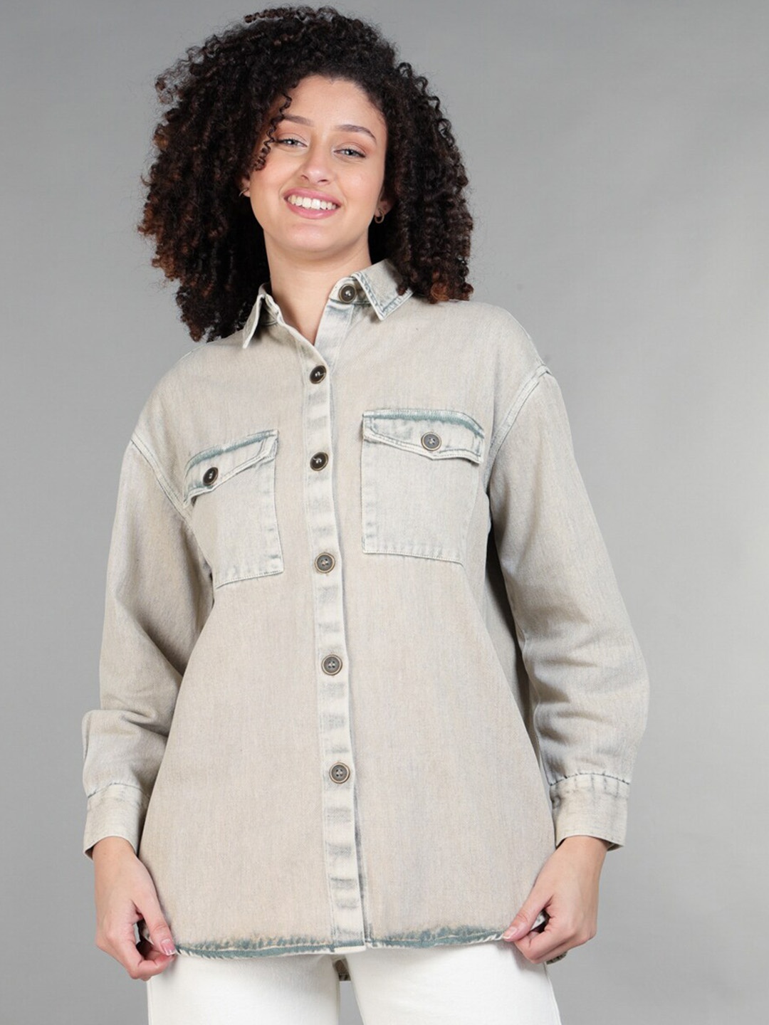 

The Roadster Lifestyle Co. Beige Spread Collar Denim Shacket