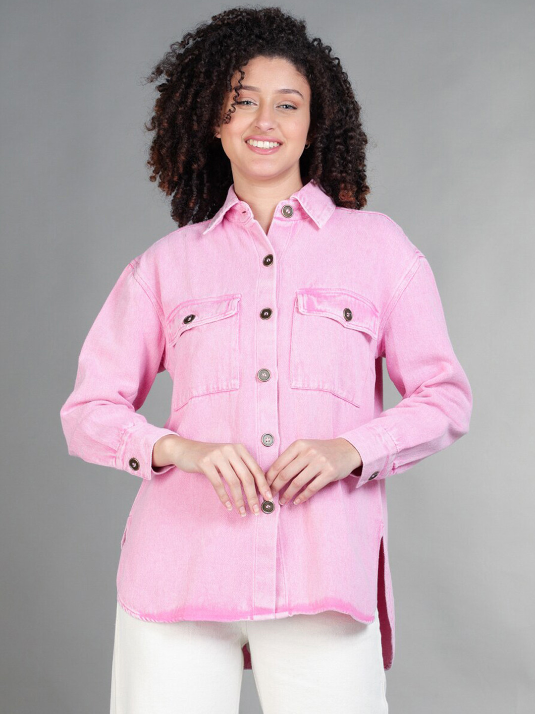 

The Roadster Lifestyle Co. Pink Spread Collar Denim Shacket