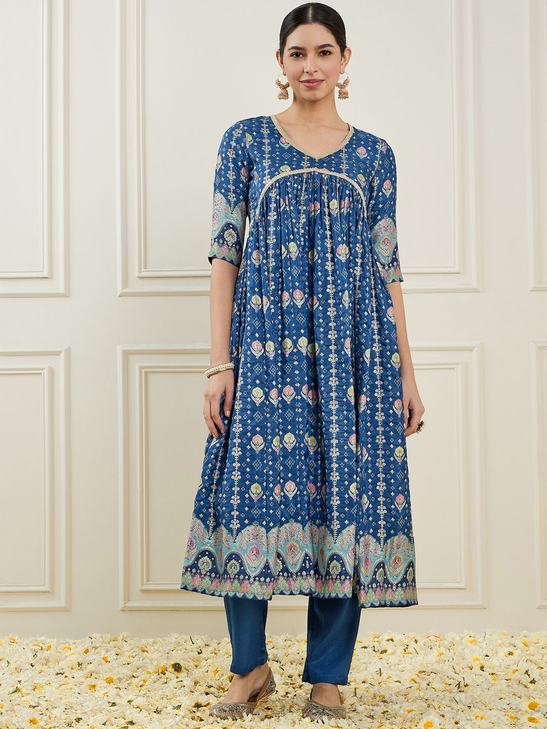 

ADORNIA Printed Empire Chanderi Silk V-Neck Anarkali Kurta With Trouser, Blue