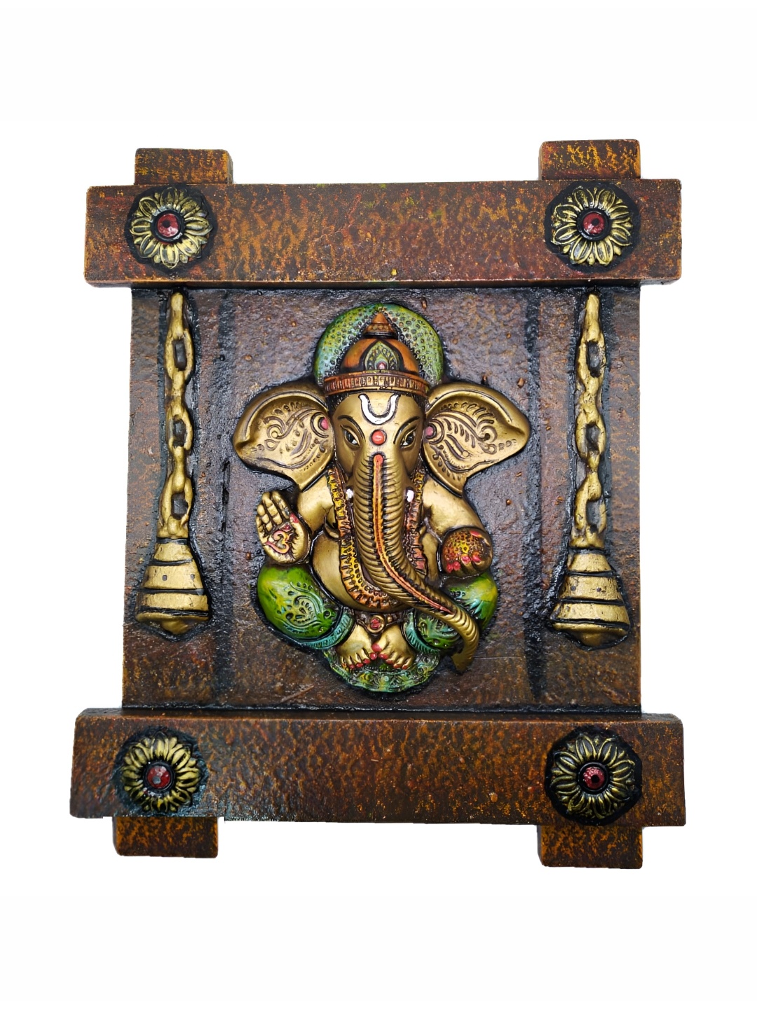 

INDIA MEETS INDIA Brown & Green Ganesh ji Wooden Framed Wall Hanging