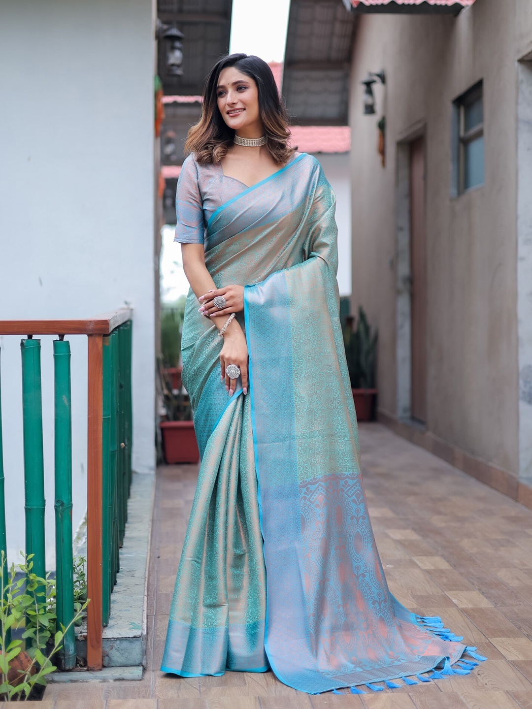 

LeeliPeeri Designer Ethnic Motifs Woven Design Zari Kanjeevaram Saree, Blue