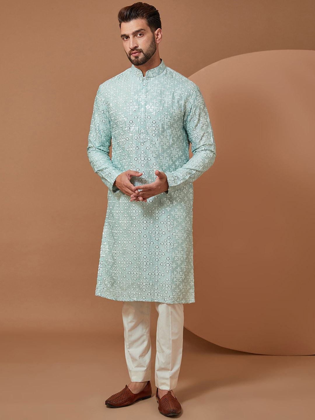 

KASBAH CLOTHING NISHCHAIY SAJDEH Ethnic Motifs Embroidered Mirror Work Kurta with Pyjamas, Blue