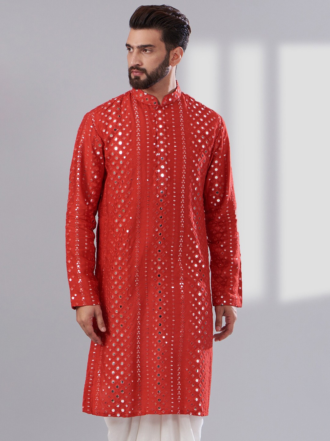 

KASBAH CLOTHING NISHCHAIY SAJDEH Geometric Embroidered Sequinned Kurta With Pyjamas, Red