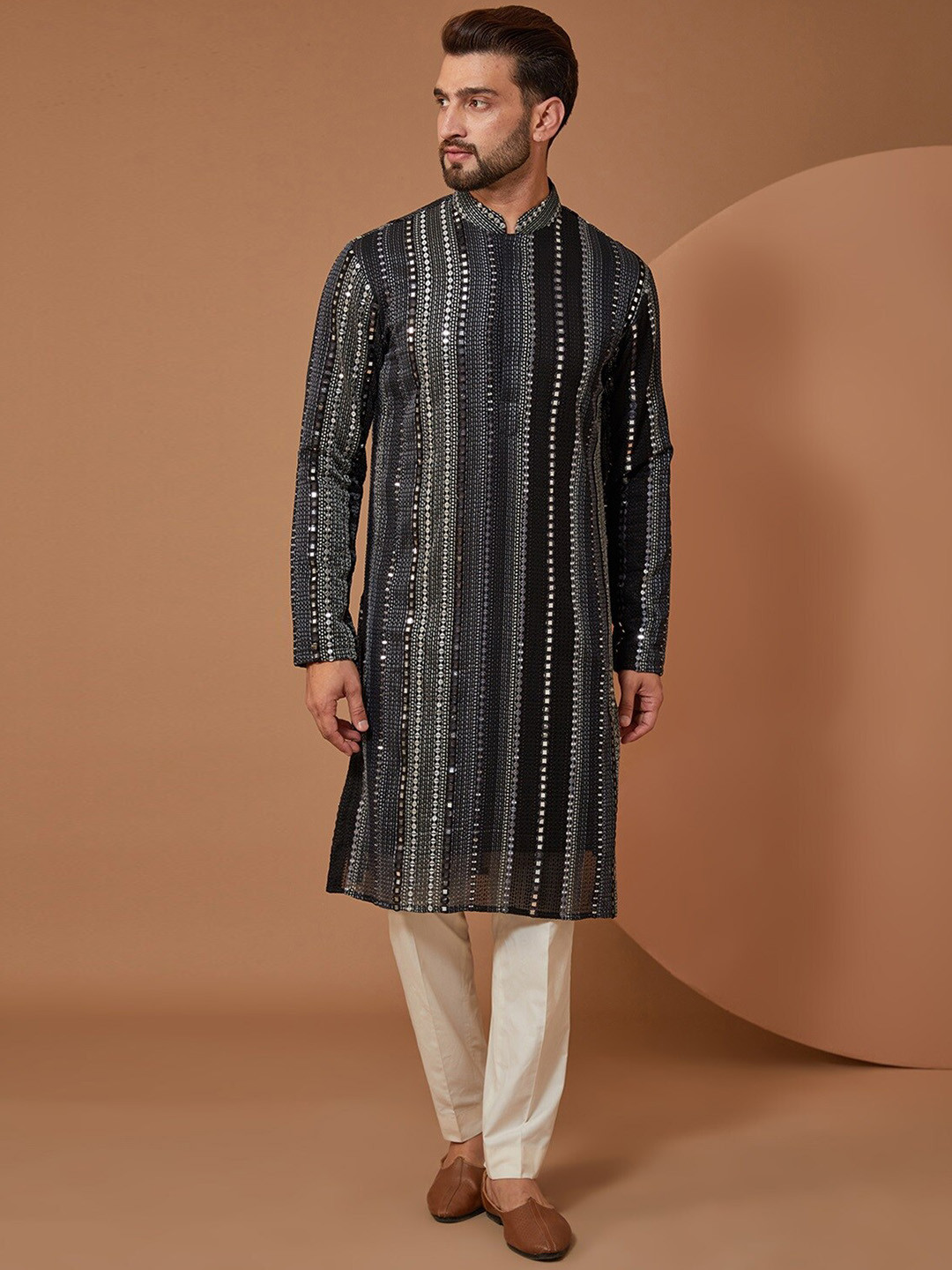 

KASBAH CLOTHING NISHCHAIY SAJDEH Striped Embroidered Mirror Work Kurta with Trousers, Black