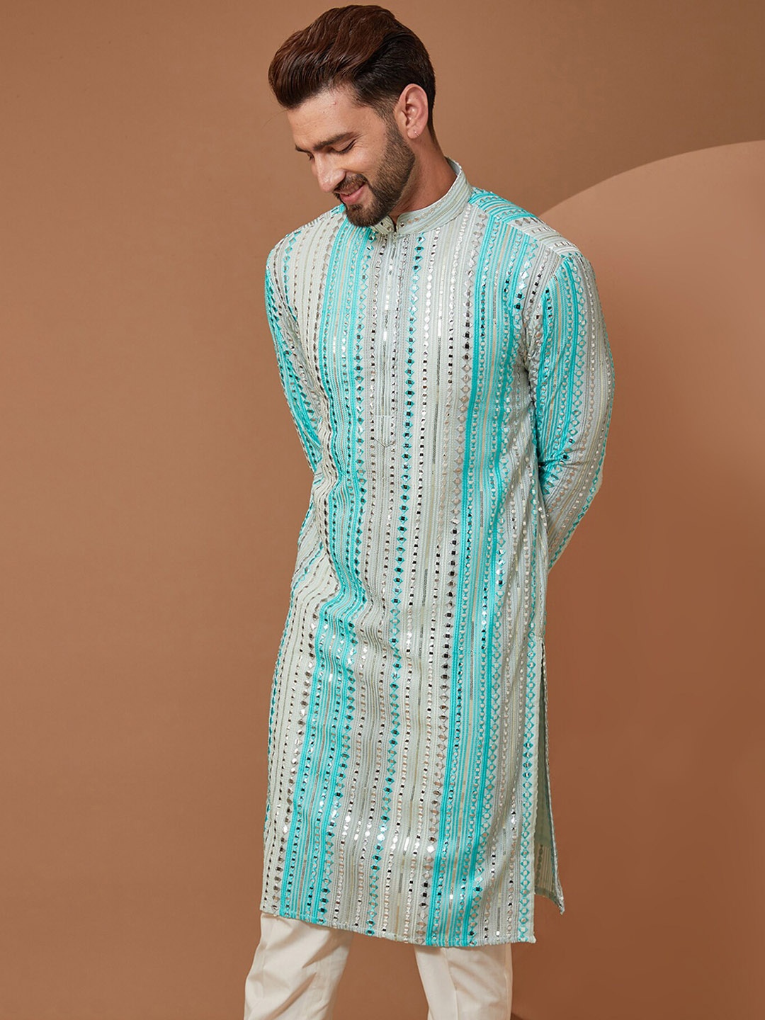 

KASBAH CLOTHING NISHCHAIY SAJDEH Striped Embroidered Mirror Work Kurta with Trousers, Blue