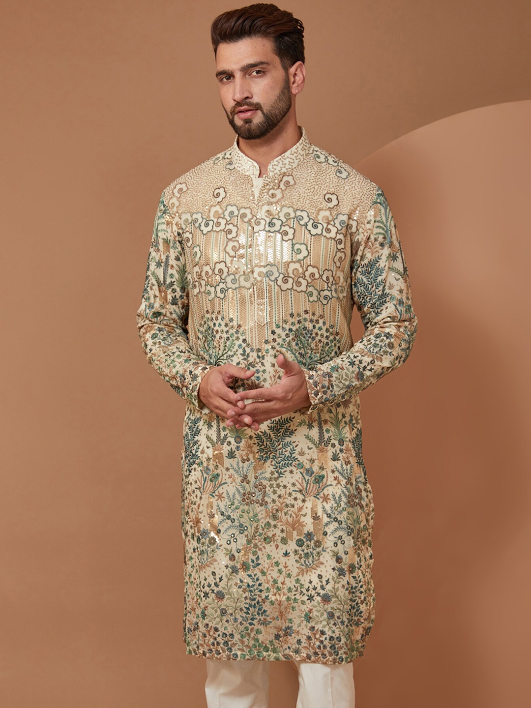 

KASBAH CLOTHING NISHCHAIY SAJDEH Ethnic Motifs Embroidered Sequinned Kurta with Pyjamas, Beige