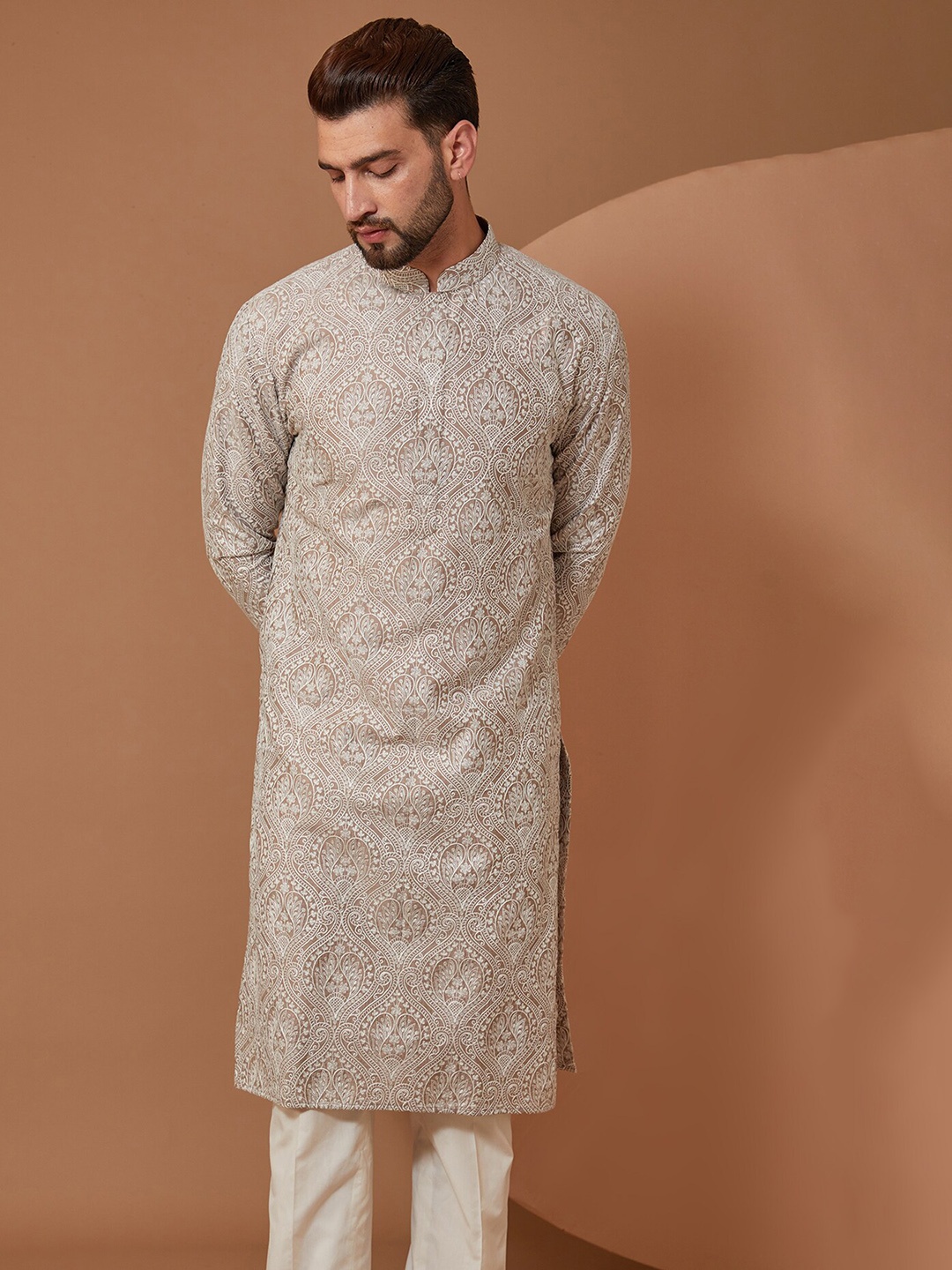 

KASBAH CLOTHING NISHCHAIY SAJDEH Ethnic Motifs Printed Chanderi Silk Kurta with Trousers, Beige