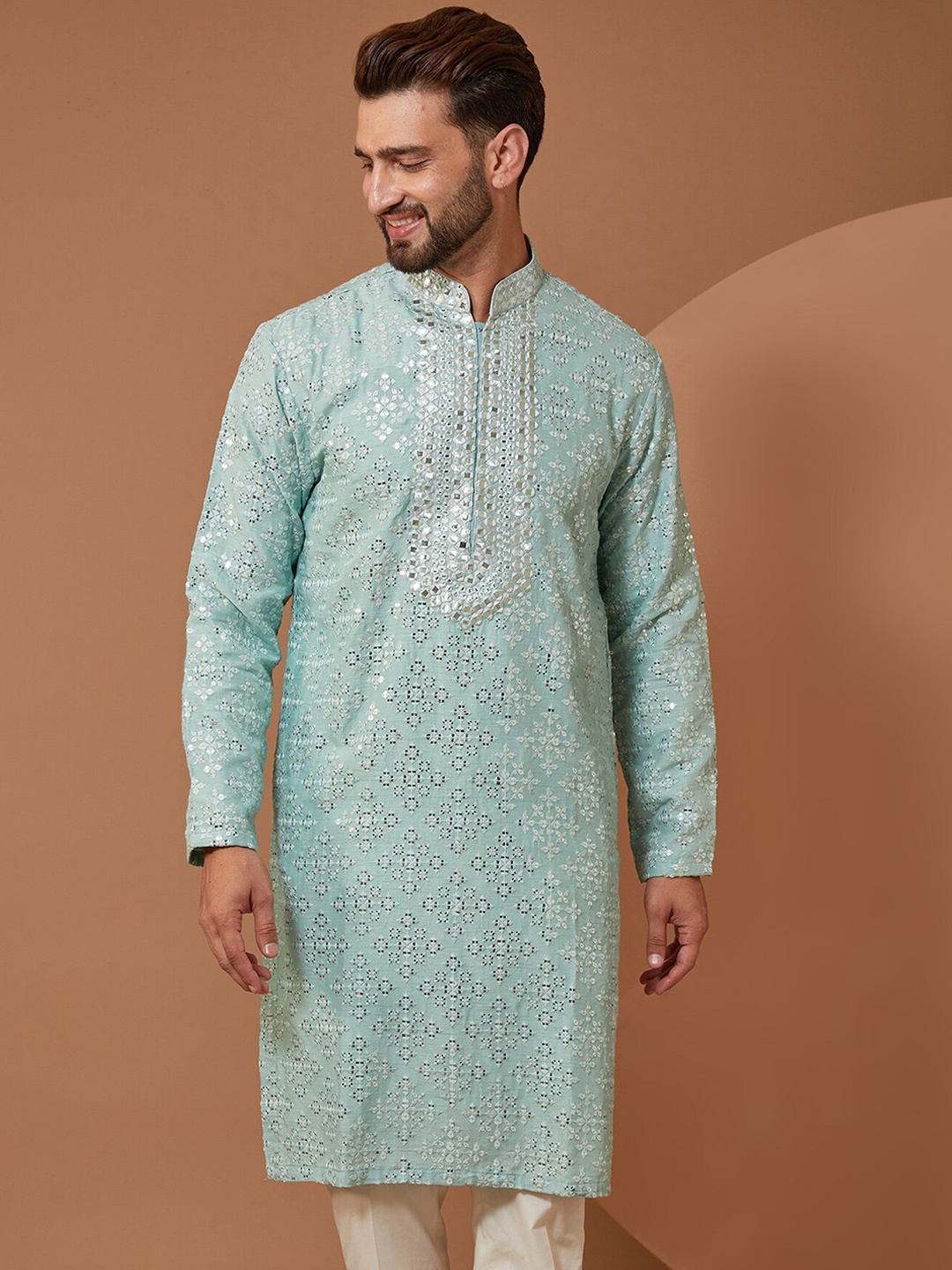 

KASBAH CLOTHING NISHCHAIY SAJDEH Floral Embroidered Mirror Work Kurta with Salwar, Blue