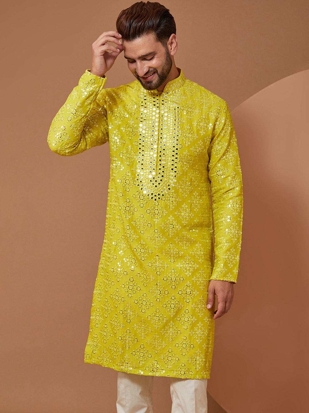 

KASBAH CLOTHING NISHCHAIY SAJDEH Floral Embroidered Mirror Work Kurta with Trousers, Yellow