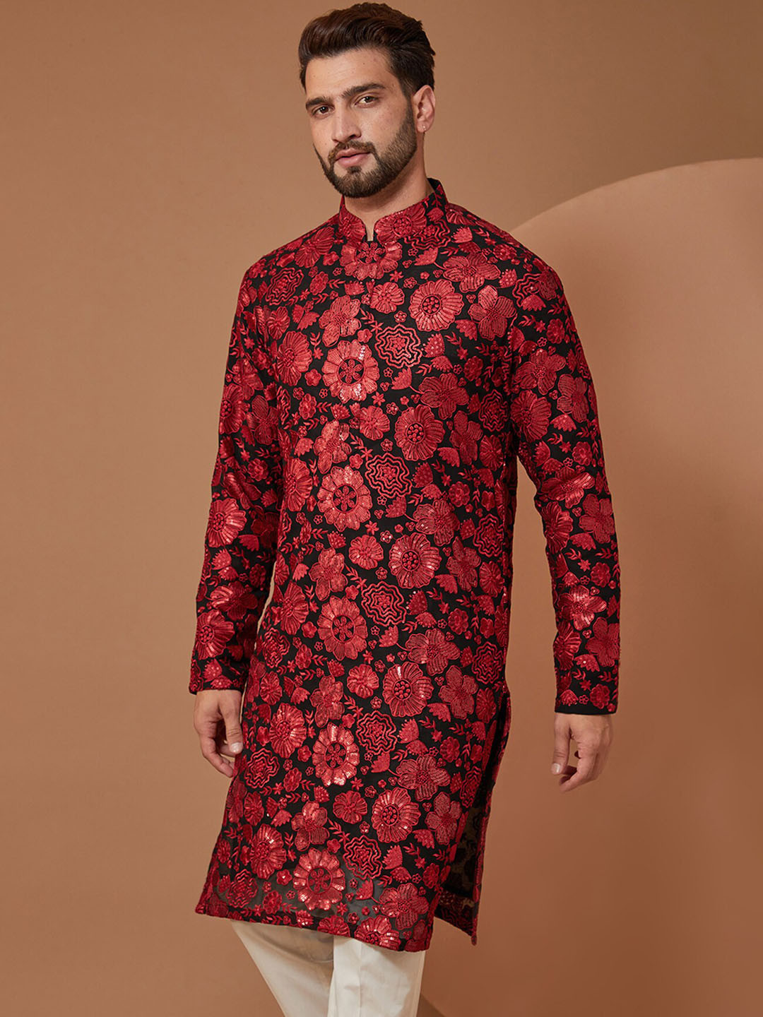 

KASBAH CLOTHING NISHCHAIY SAJDEH Floral Embroidered Regular Sequinned Kurta with Trousers, Black