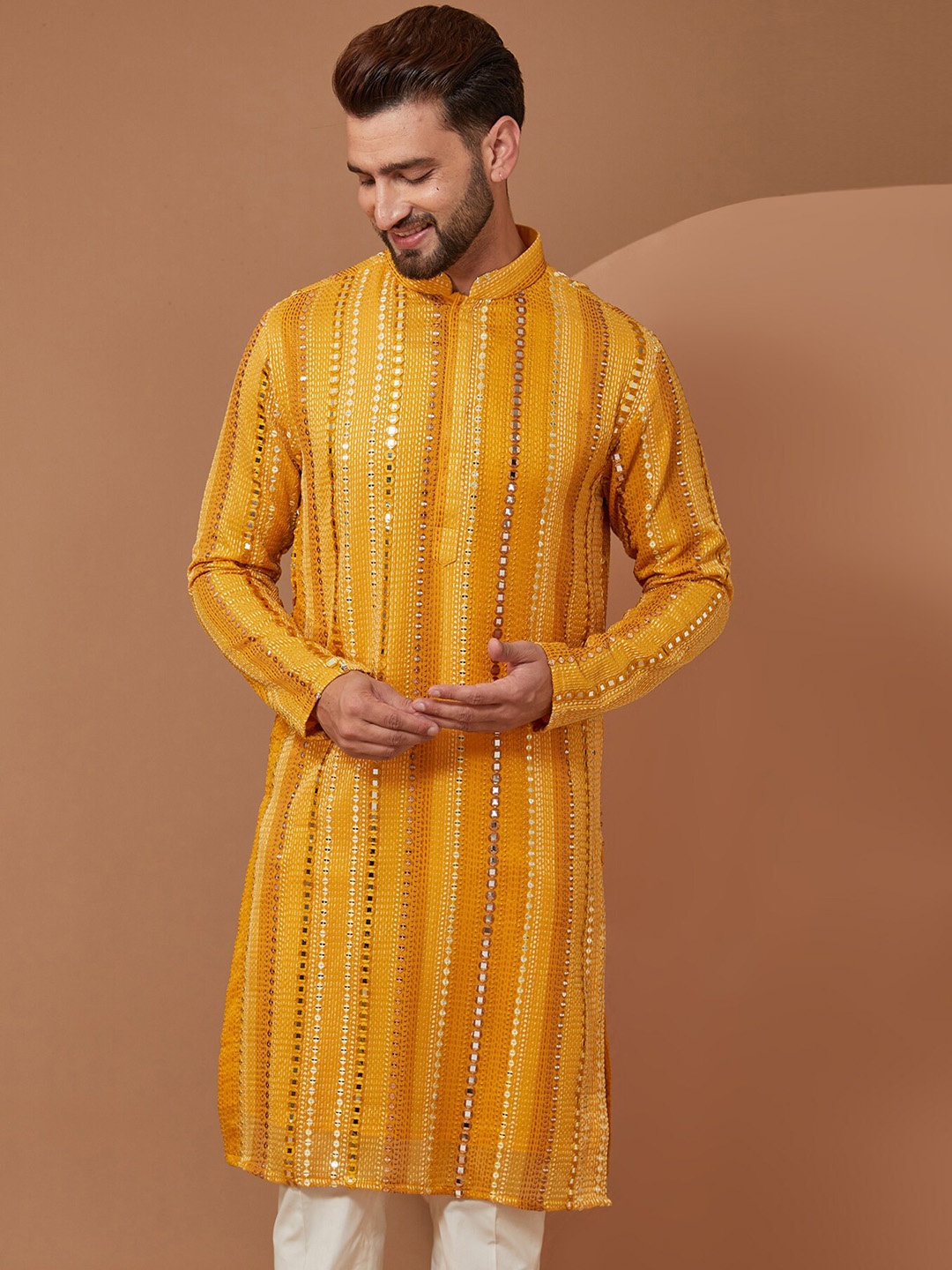 

KASBAH CLOTHING NISHCHAIY SAJDEH Geometric Embroidered Mirror Work Kurta with Pyjamas, Yellow