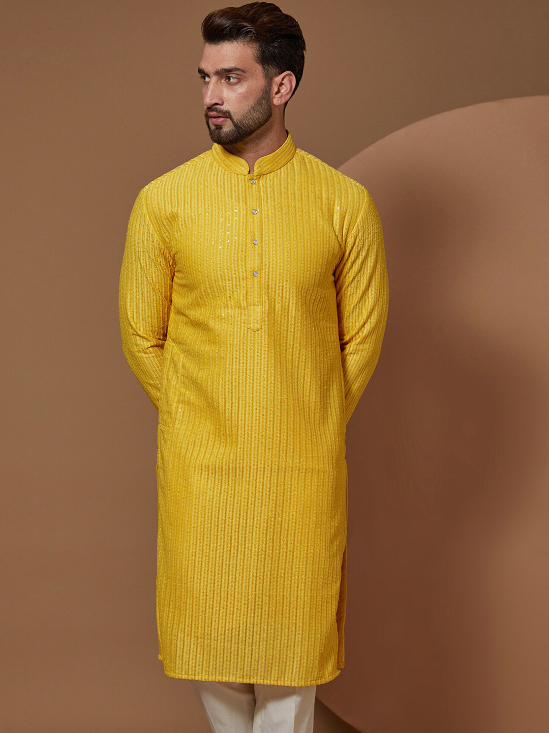 

KASBAH CLOTHING NISHCHAIY SAJDEH Striped Embroidered Chikankari Kurta With Trousers, Yellow