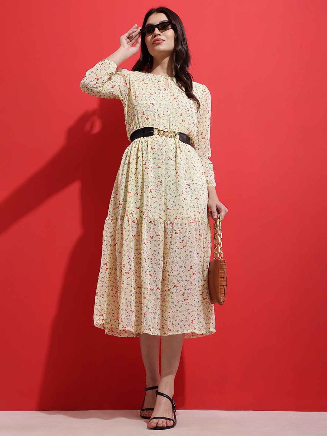 

SQew Floral Printed Fit & Flare Midi Dress, Yellow