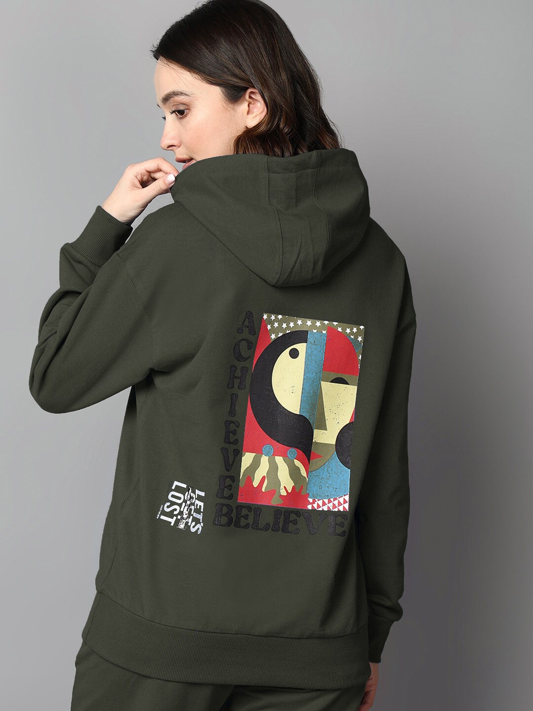

The Roadster Lifestyle Co. Olive Green Typography Printed Hooded Fleece Pullover