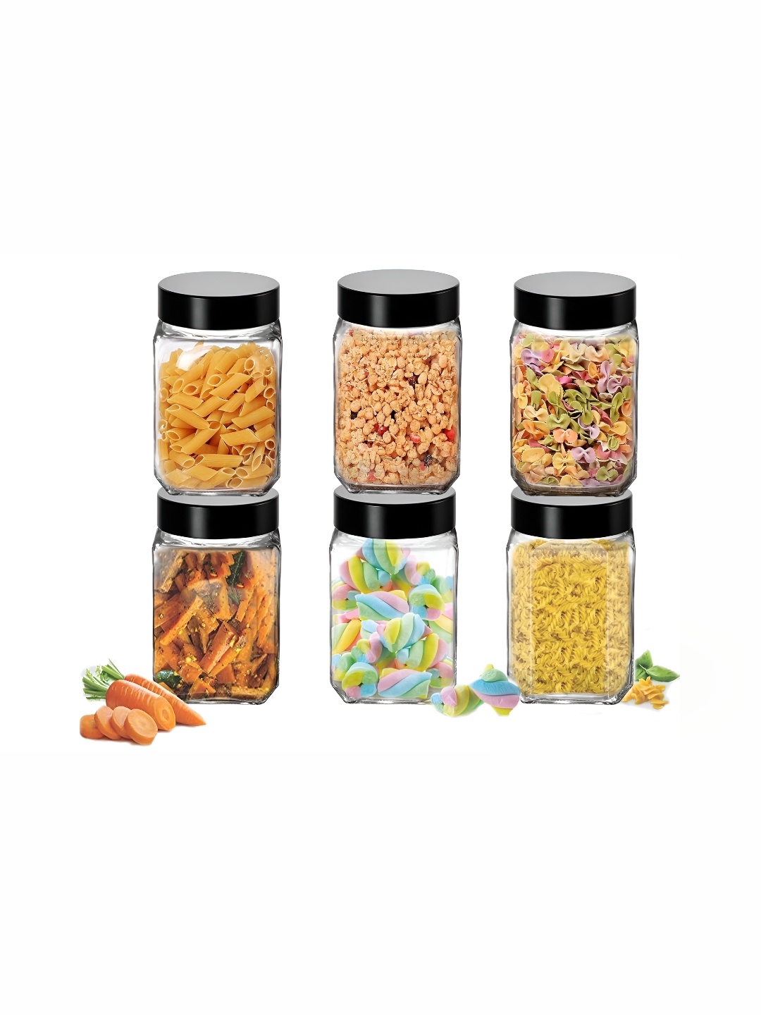 

tyche enterprises Transparent & Black 6 Pieces Glass Containers 300 ml Each