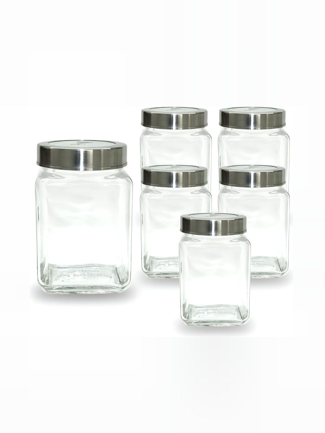 

tyche enterprises Transparent & Silver Toned 6 Pieces Glass Containers 800 ml Each