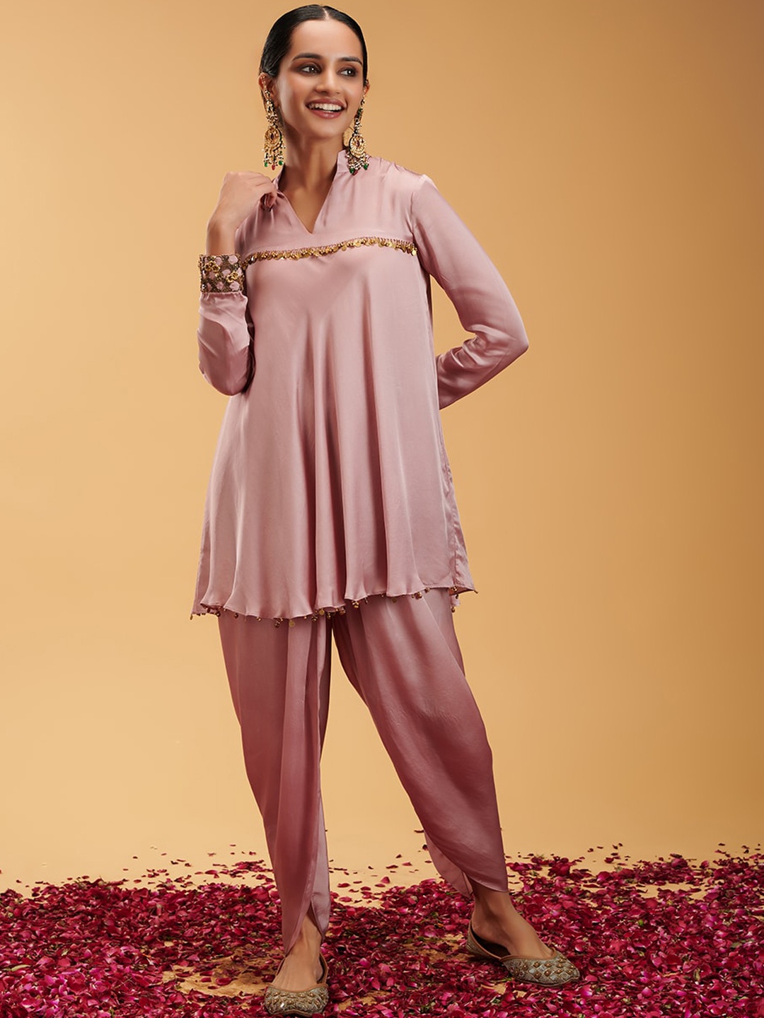 

RIRASA Palli Beads and Stones Satin A-line Kurta with Dhoti Pants, Pink